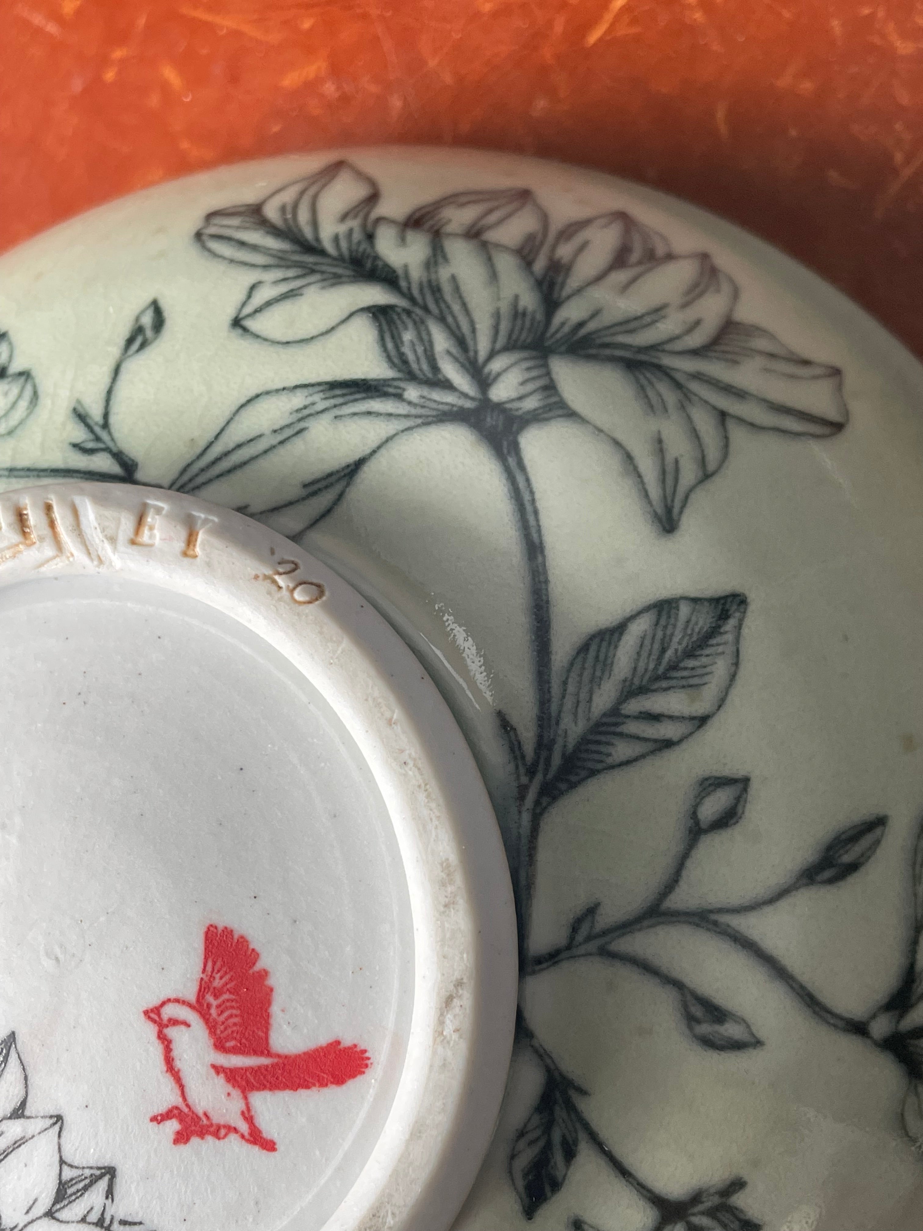 Set of 2 Vintage Korean Studio Art  Handpainted Celadon Footed Bowls Signed by Artist