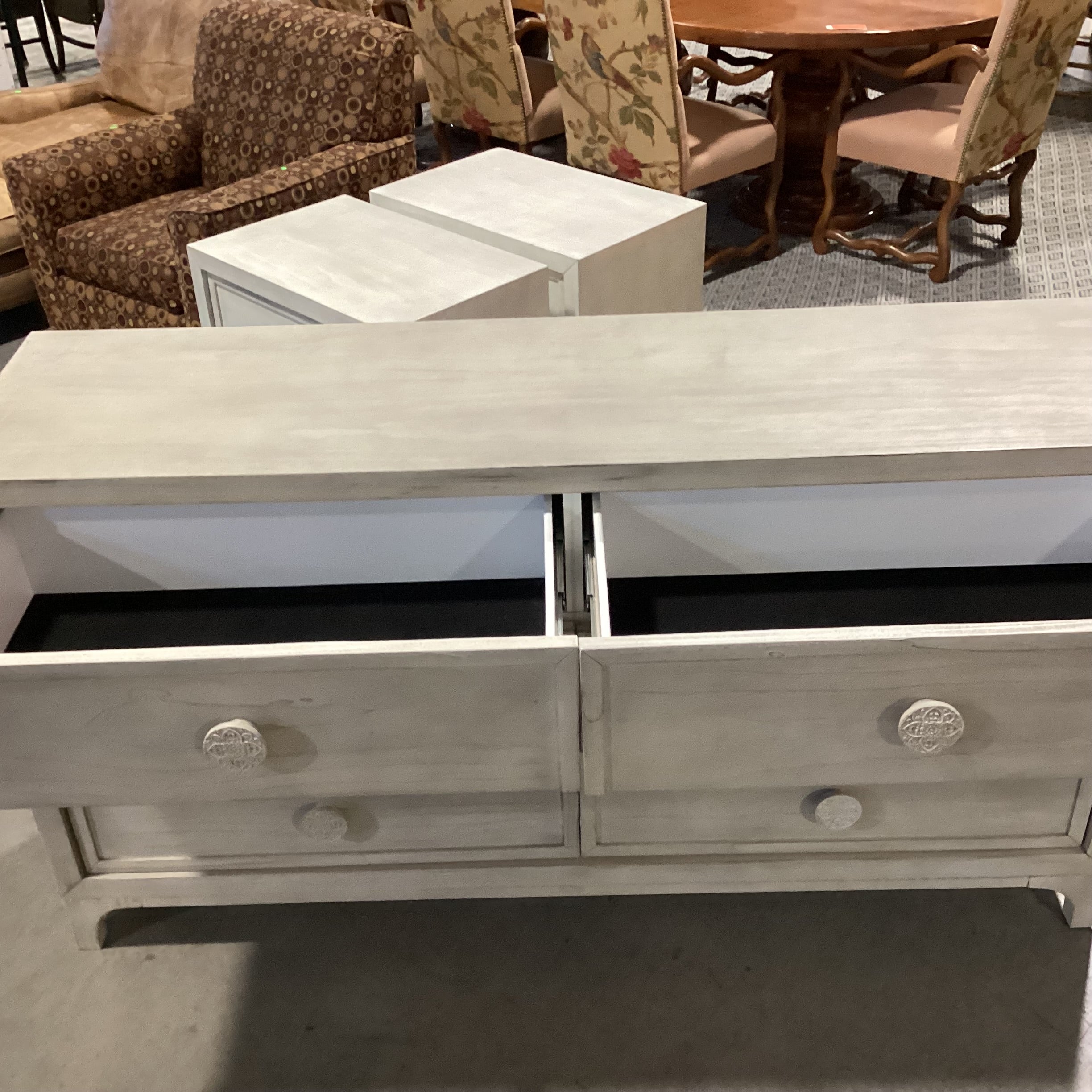 Bohemia White Washed Wood with Carved Mandala Pulls 6 Drawer Dresser 66"x 18"x 36"