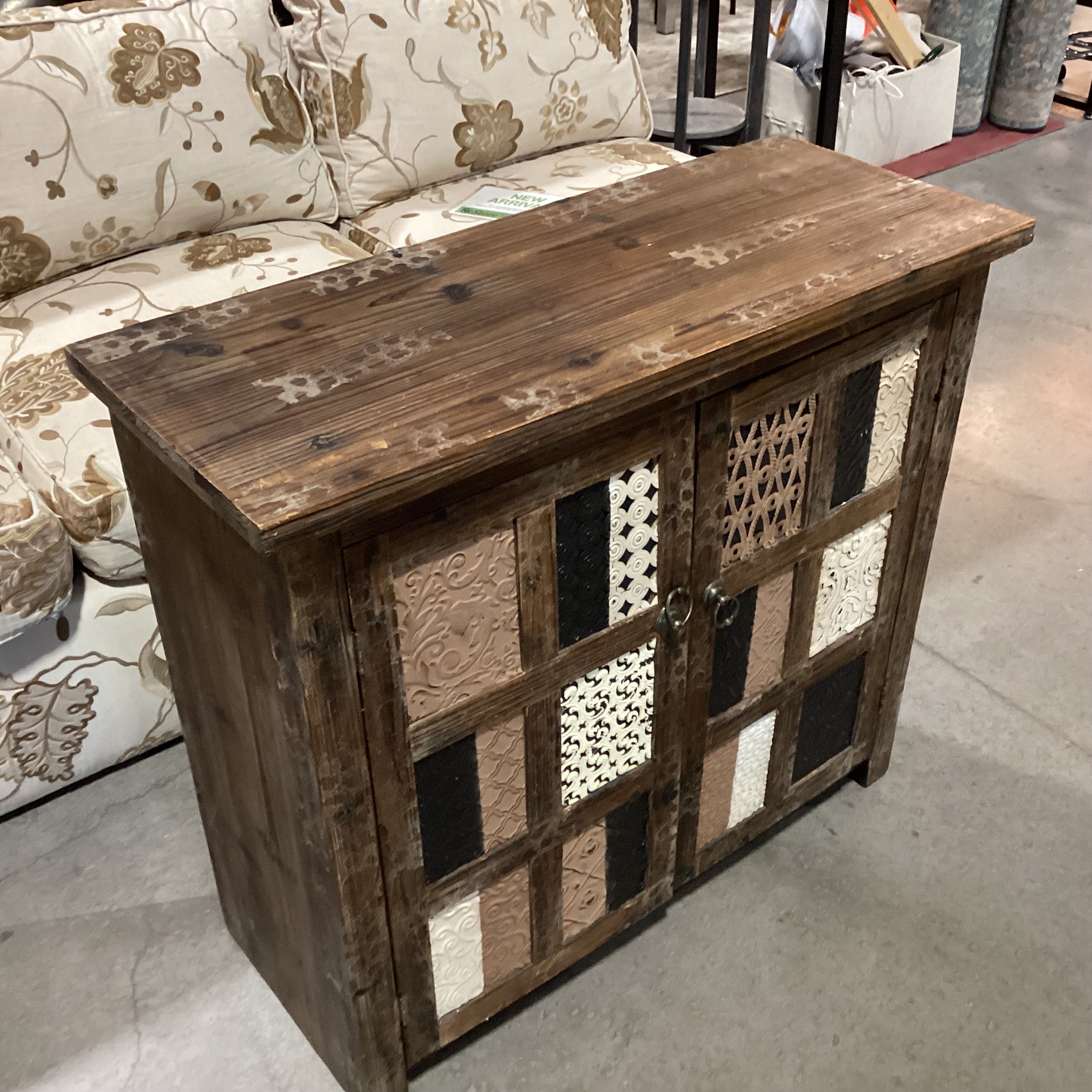 Rustic Distressed Wood & Tin Design Panes 2 Door Cabinet Console 36"x 15"x 32.5"