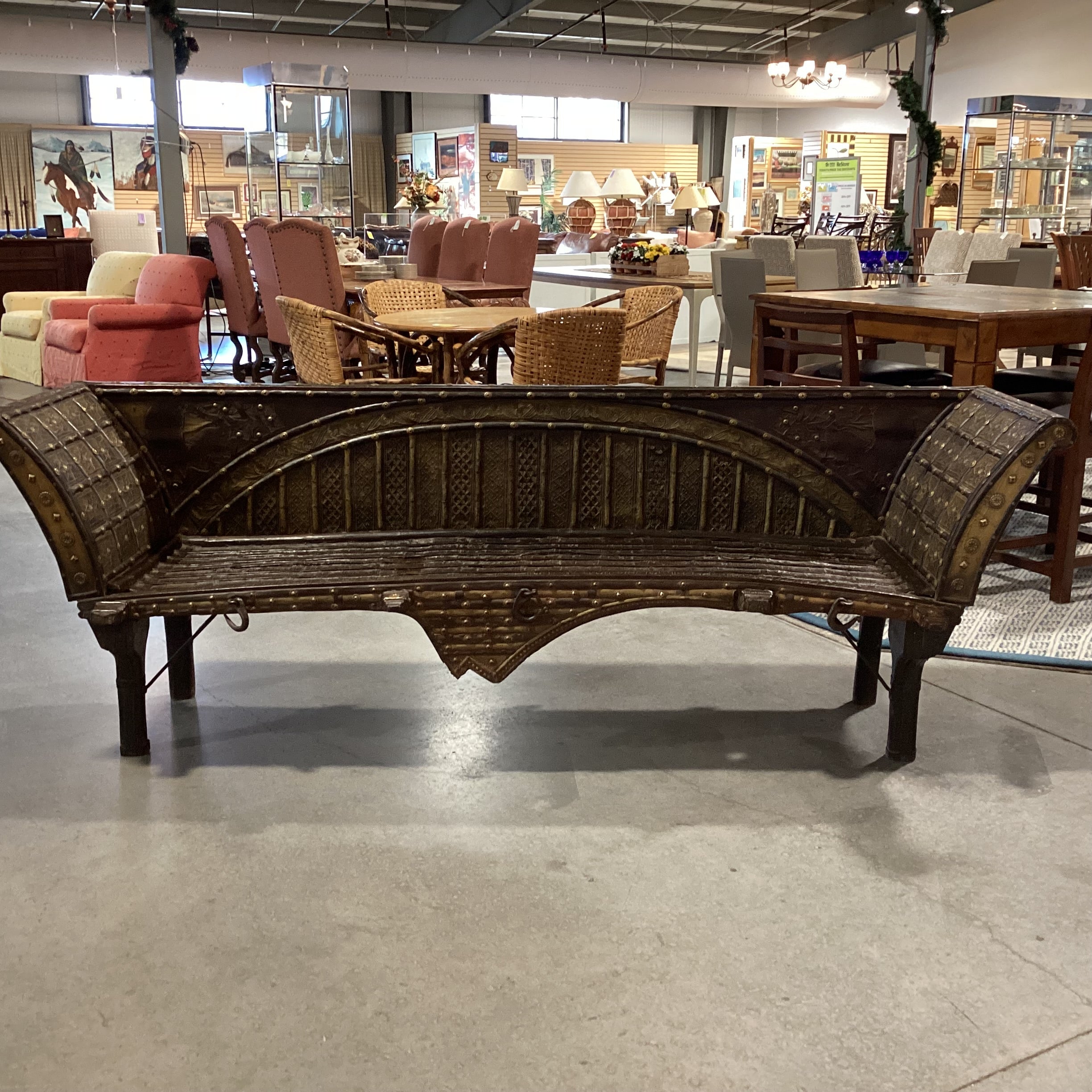 Antique Mogul or Bullock  OX Cart Wood Iron & Brass Bench 92"x 26"x 32"