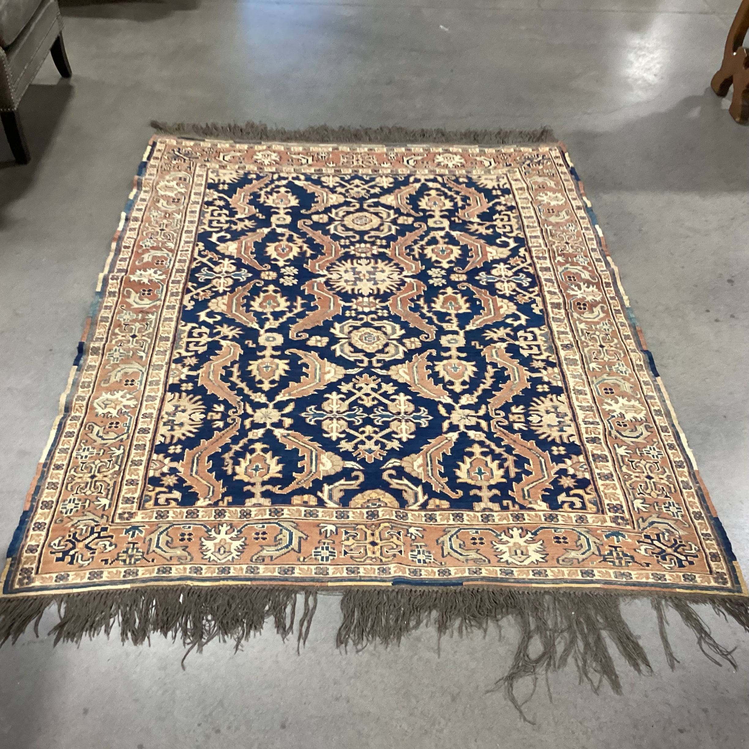 Vintage Antique Terracotta & Blue Hand Woven Wool Rug 4'9"x 7'