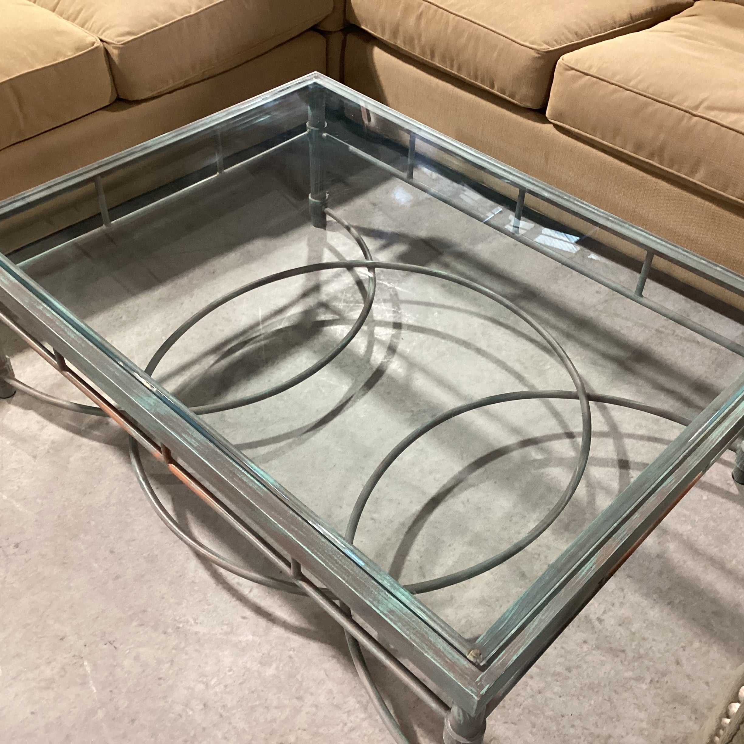 Metal with Verdigris Like Finish Glass Top Coffee Table 48"x 36"x 17"