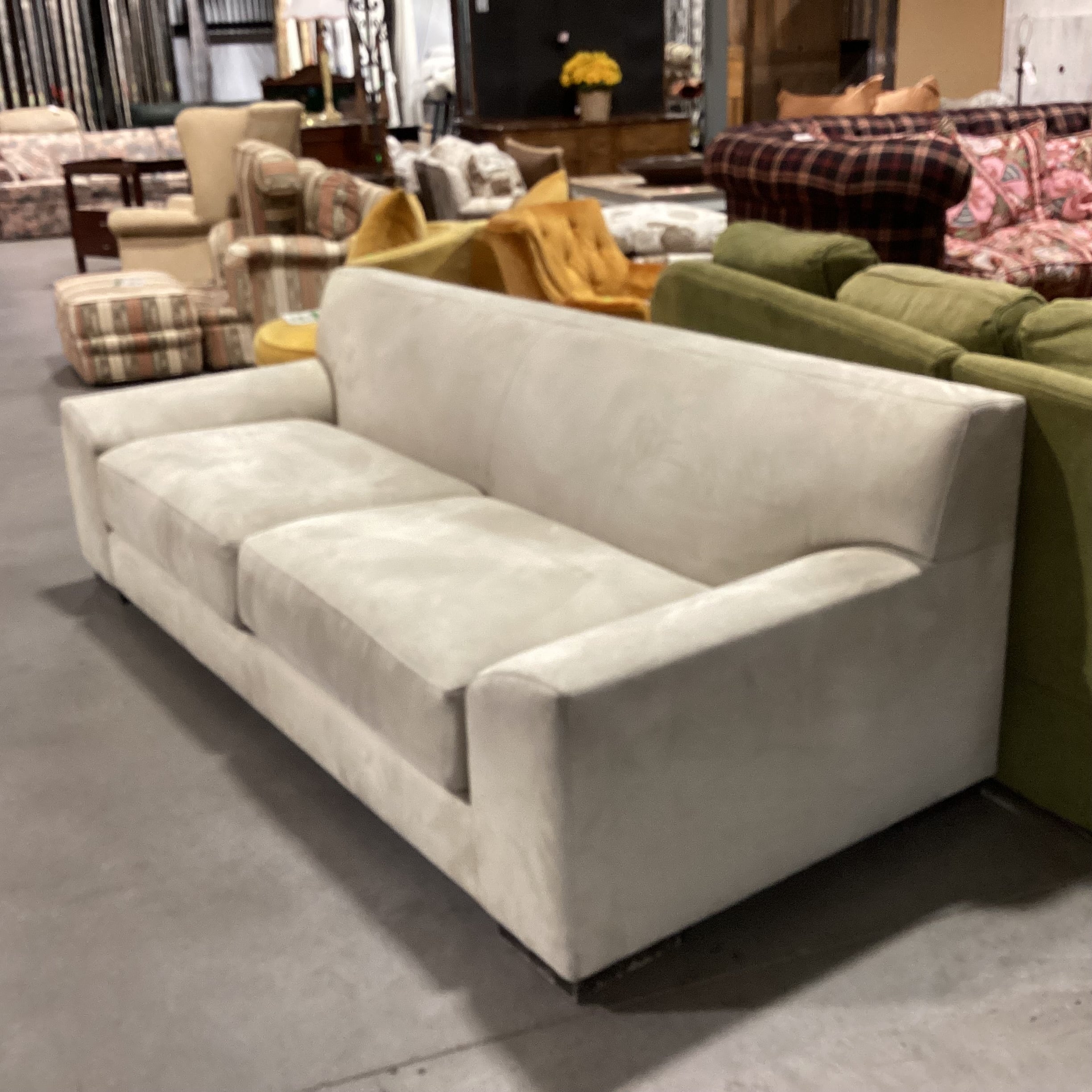 Custom Beige Ultra Suede Low Profile Modern Sofa 87"x 37"x 29.5"