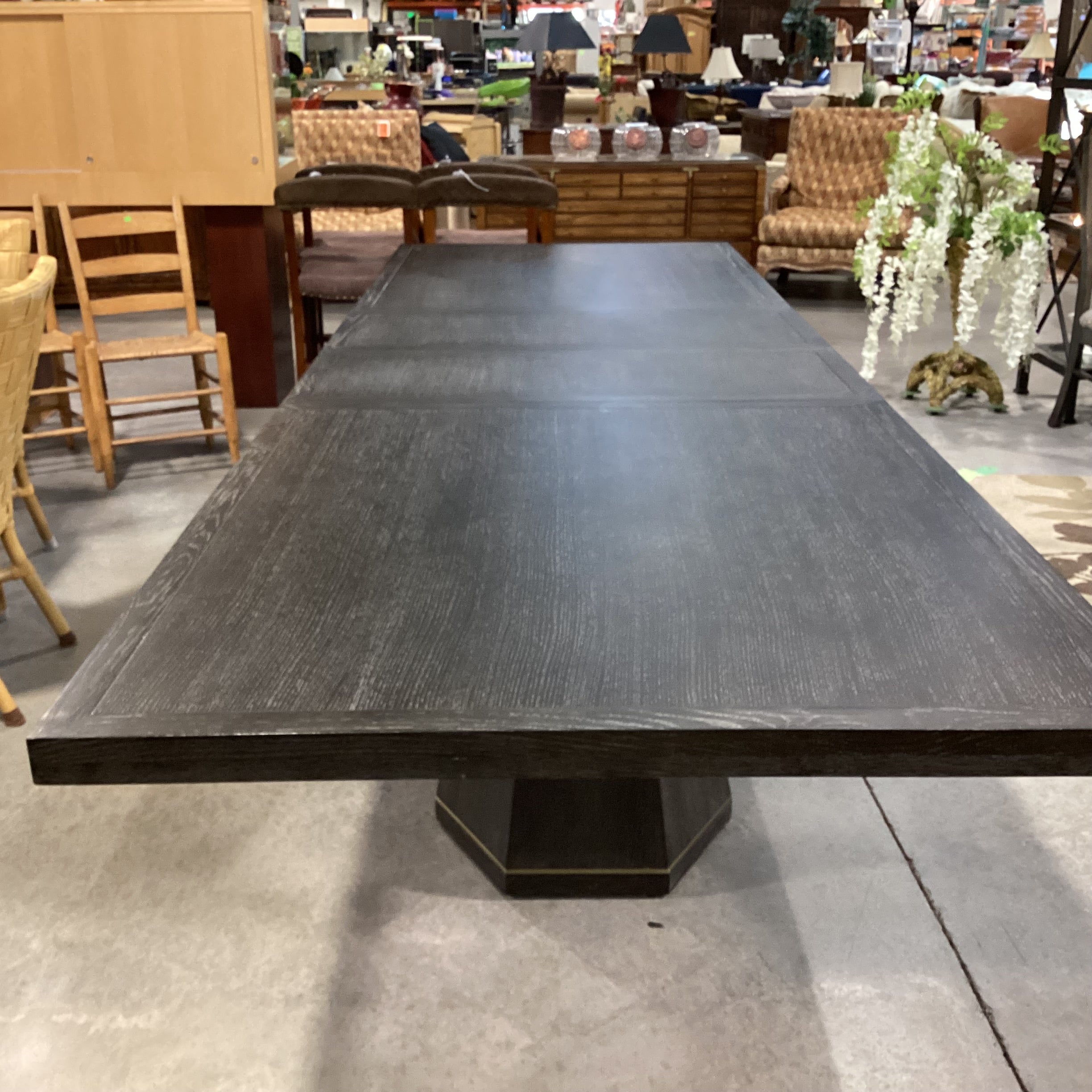 Mitchell Gold & Bob Williams Modern Cerused Charcoal Finish Oak Geometrical Pedestals with Brass Emerson Dining Table 96" to 132"x 42"x 30.5"
