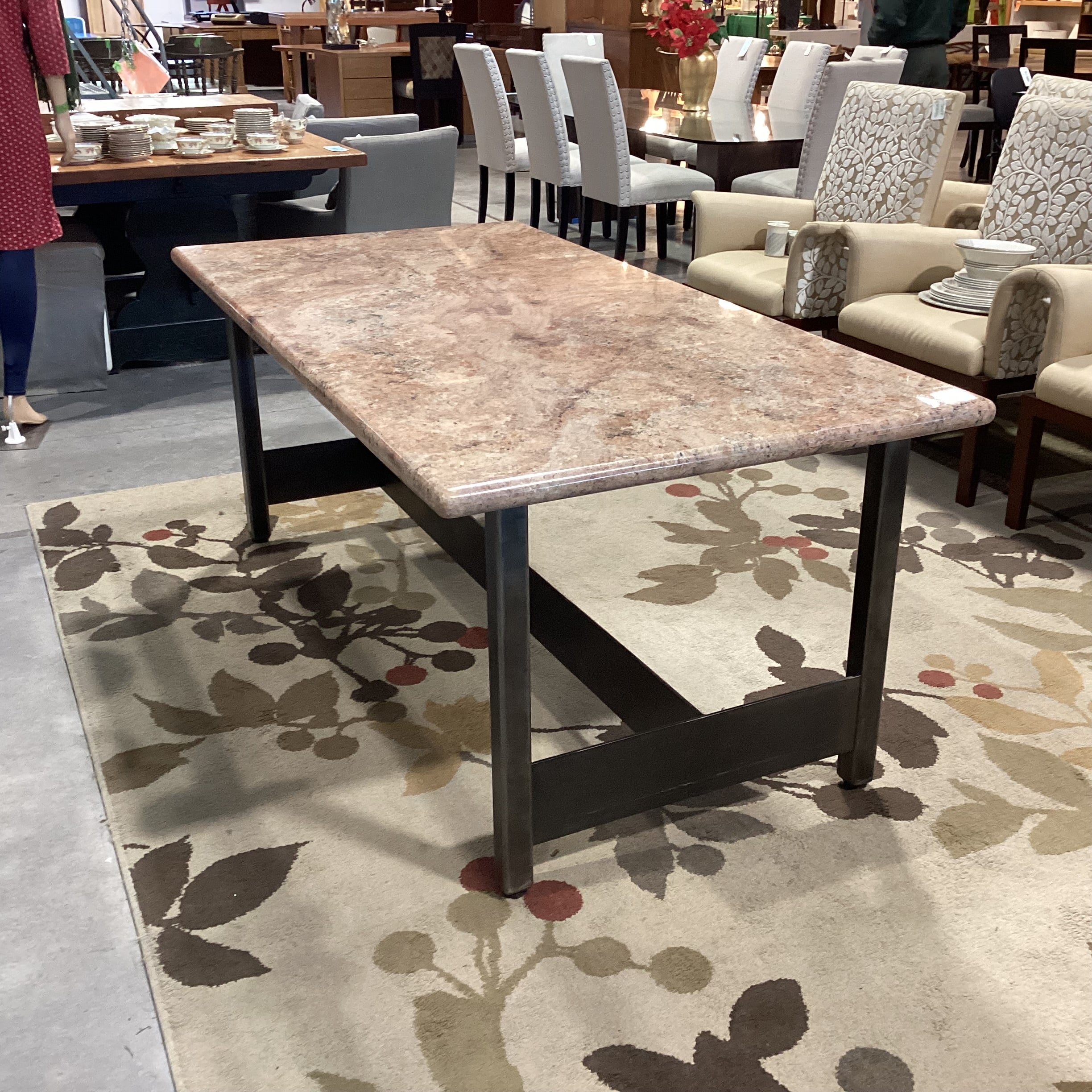 Peach Cream Black Stone Top with Steel Base Dining Table 72"x 36"x 30"