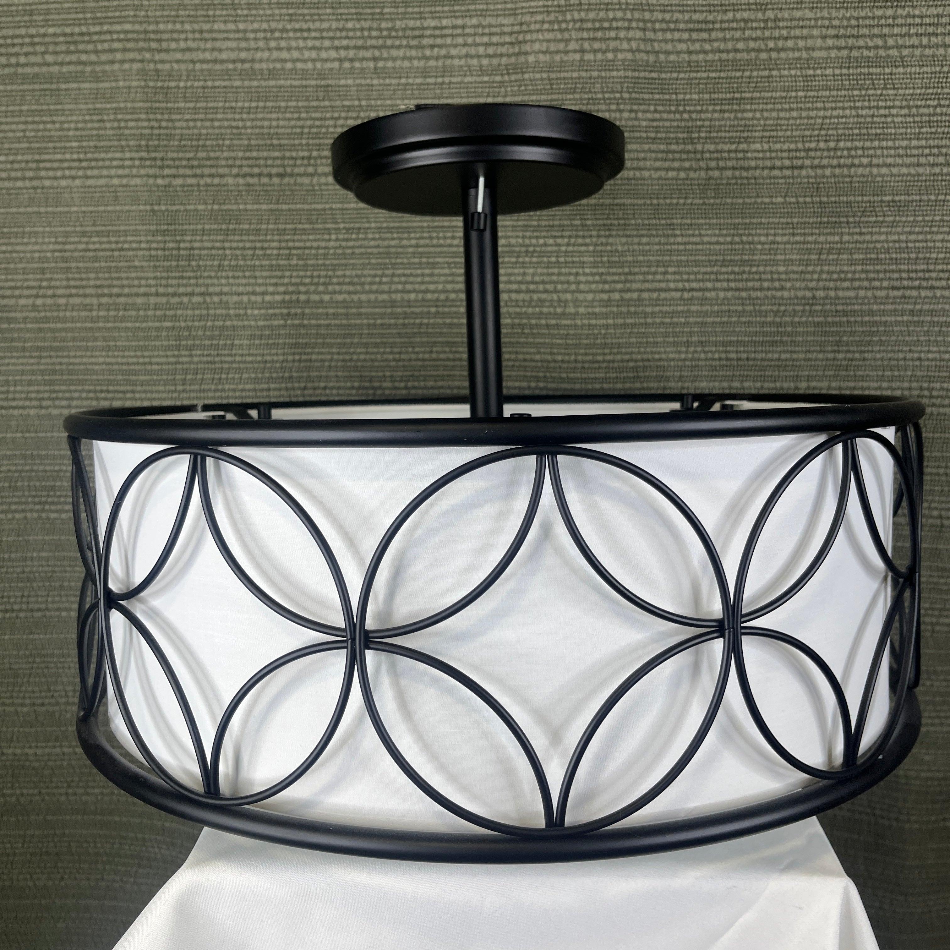 Savoy House Reid 4-Light Black Metal with Linen and Glass Semi-Flush Ceiling Pendant 20" Diameter x 13"