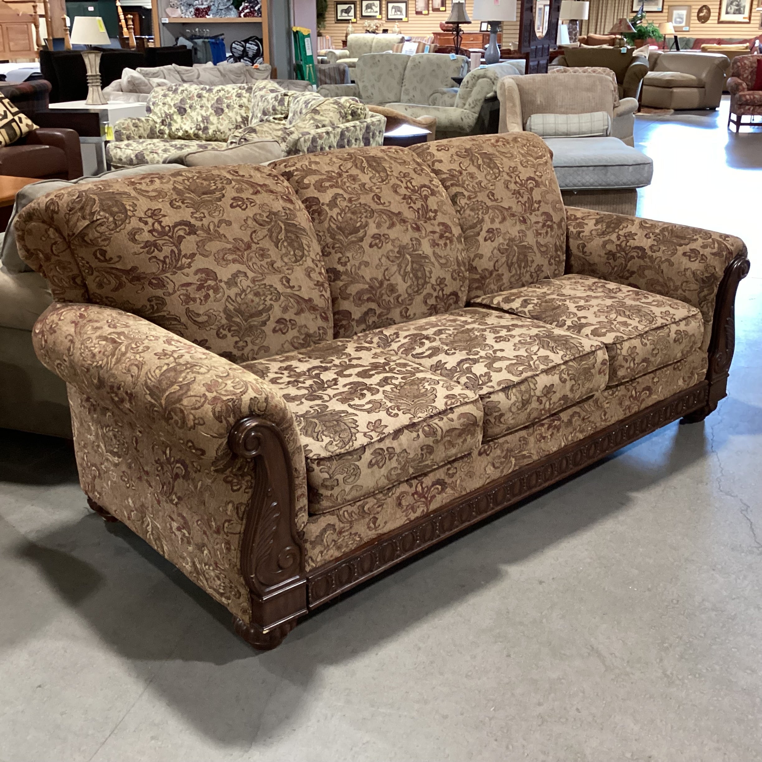 Ashley Tan Brown Rust Woven Floral & Carved Wood Sofa 87"x 40"x 38"