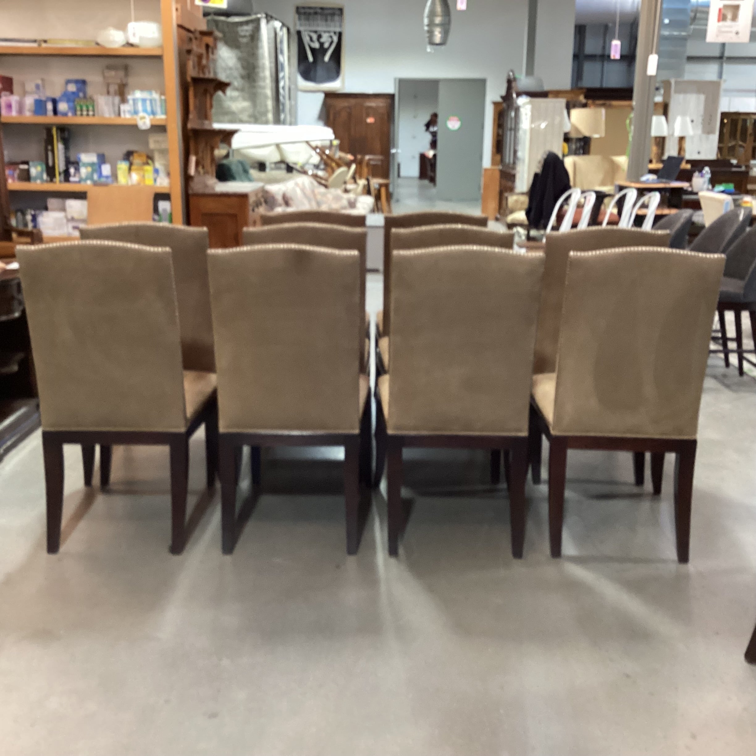 SET of 10 Hickory Chair Co Chelsea Brown Suede Nailhead & Dark Finish Wood Dining Chairs 22"x 25"x 42"