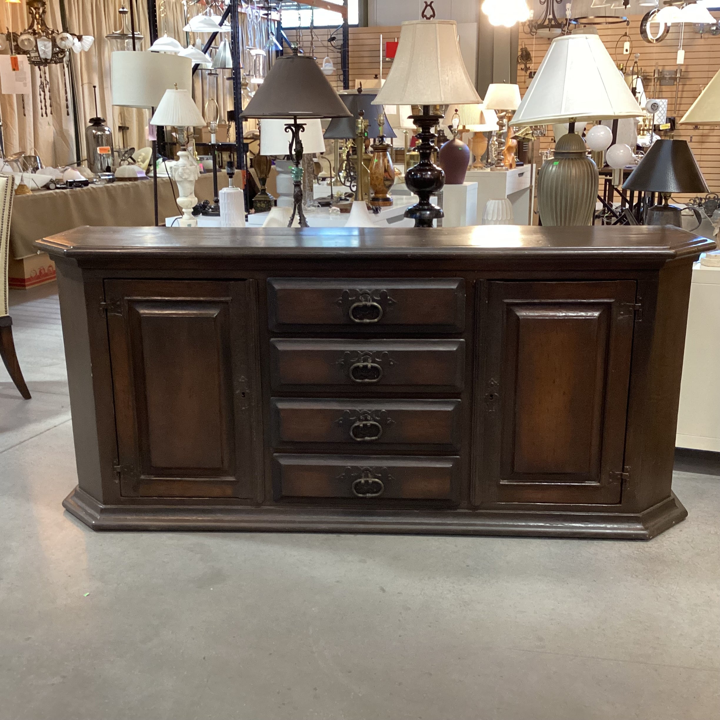 Vintage Antique Carved Wood with Iron Accent 4 Drawer 2 Door Buffet Sideboard 83"x 22"x 36.5"