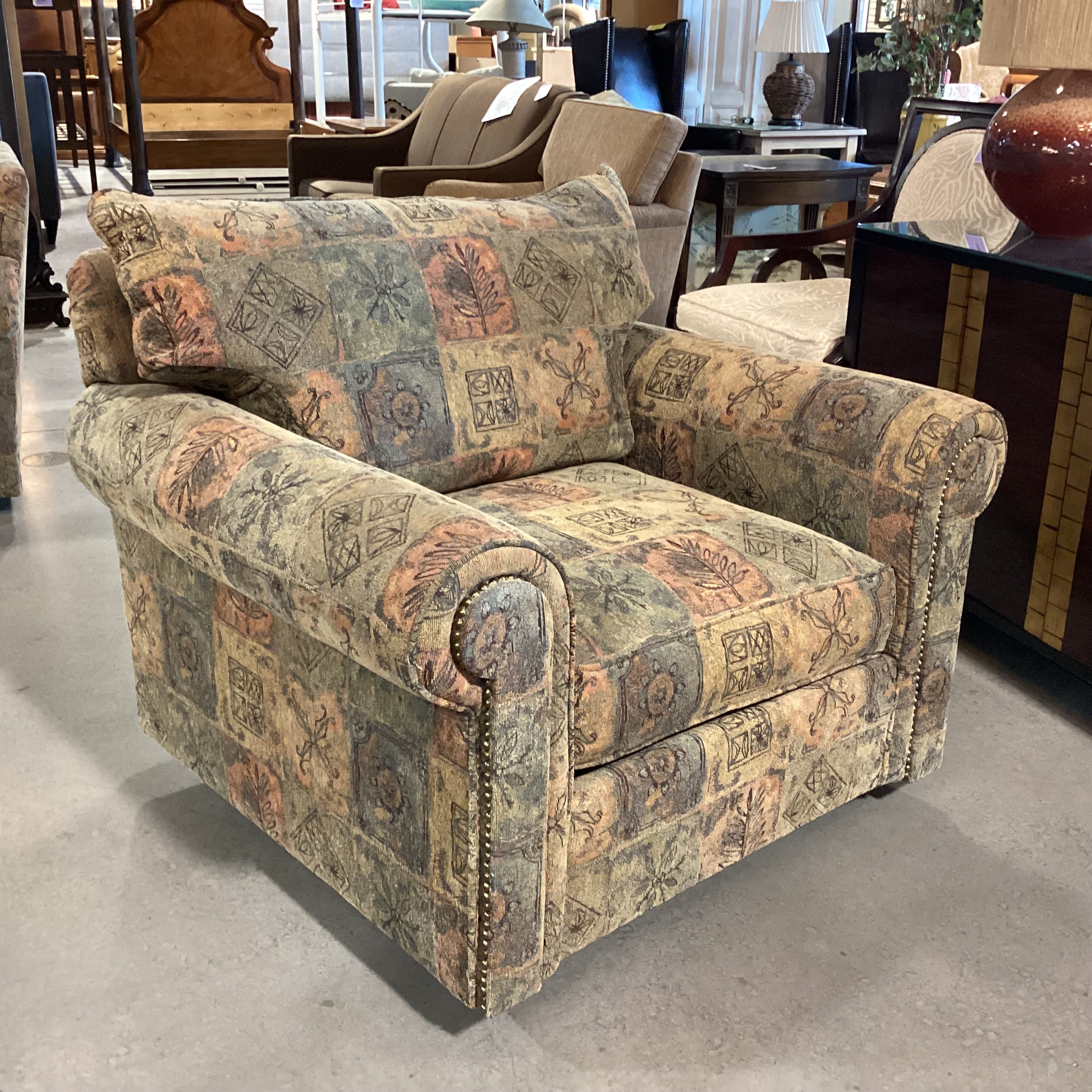 Frazier Merri Harvest Golden Sage Blue Orange with Nailhead Arm Oversized Swivel Chair 43"x 39"x 34"