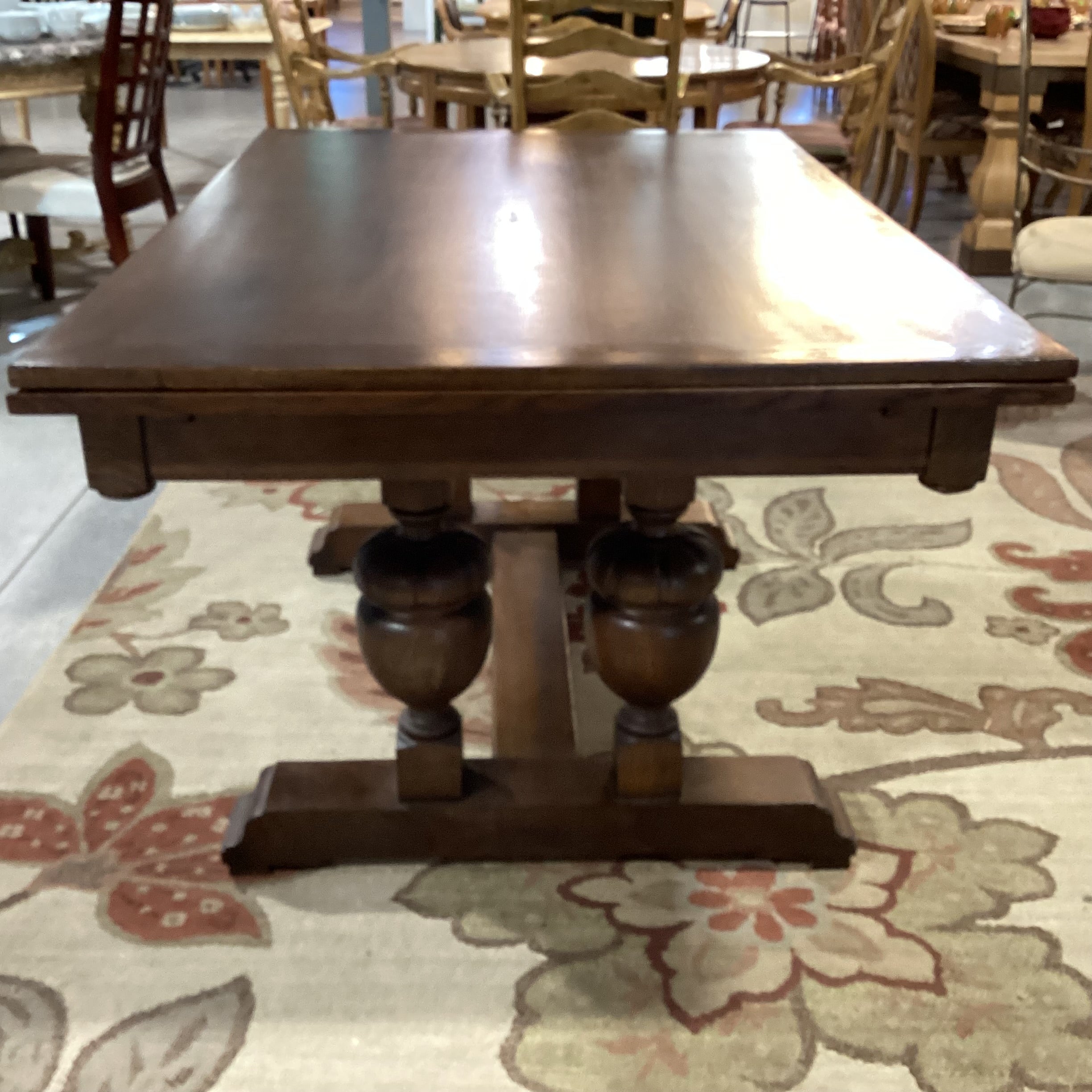 Antique Oak with Ornate Carved Trestle & 2 Extended End Leaves Dining Table 59" to 104"x 39"x 31"