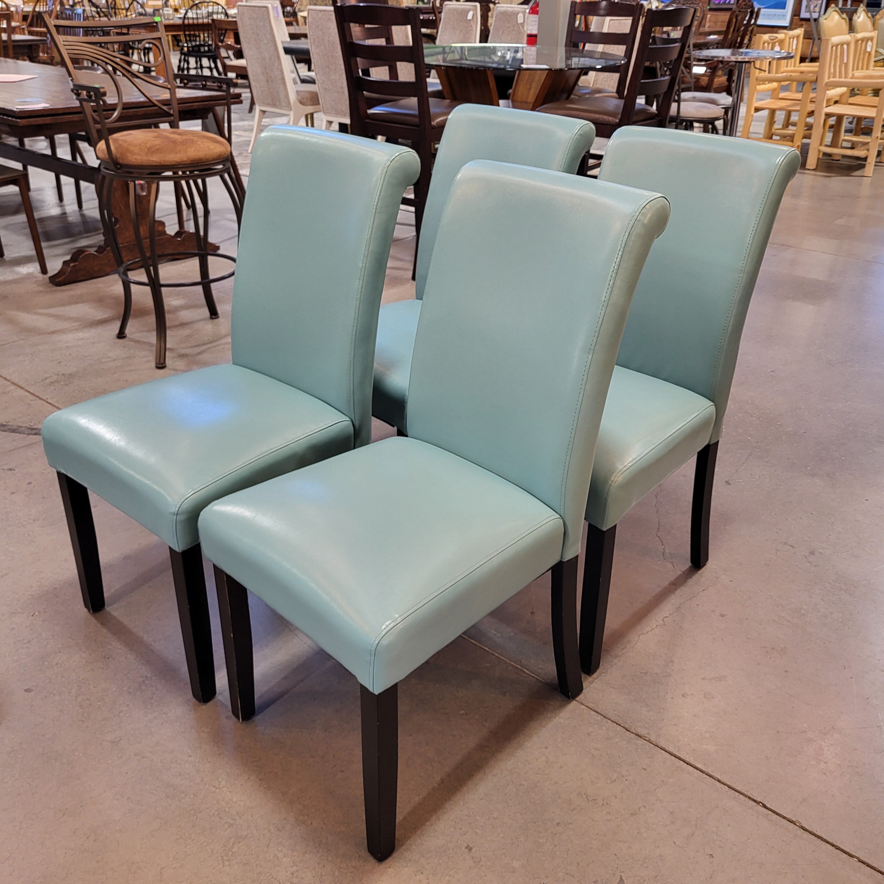 SET of 4 Aqua Faux Leather & Dark Wood Dining Chairs 19"x 25"x 38.5"