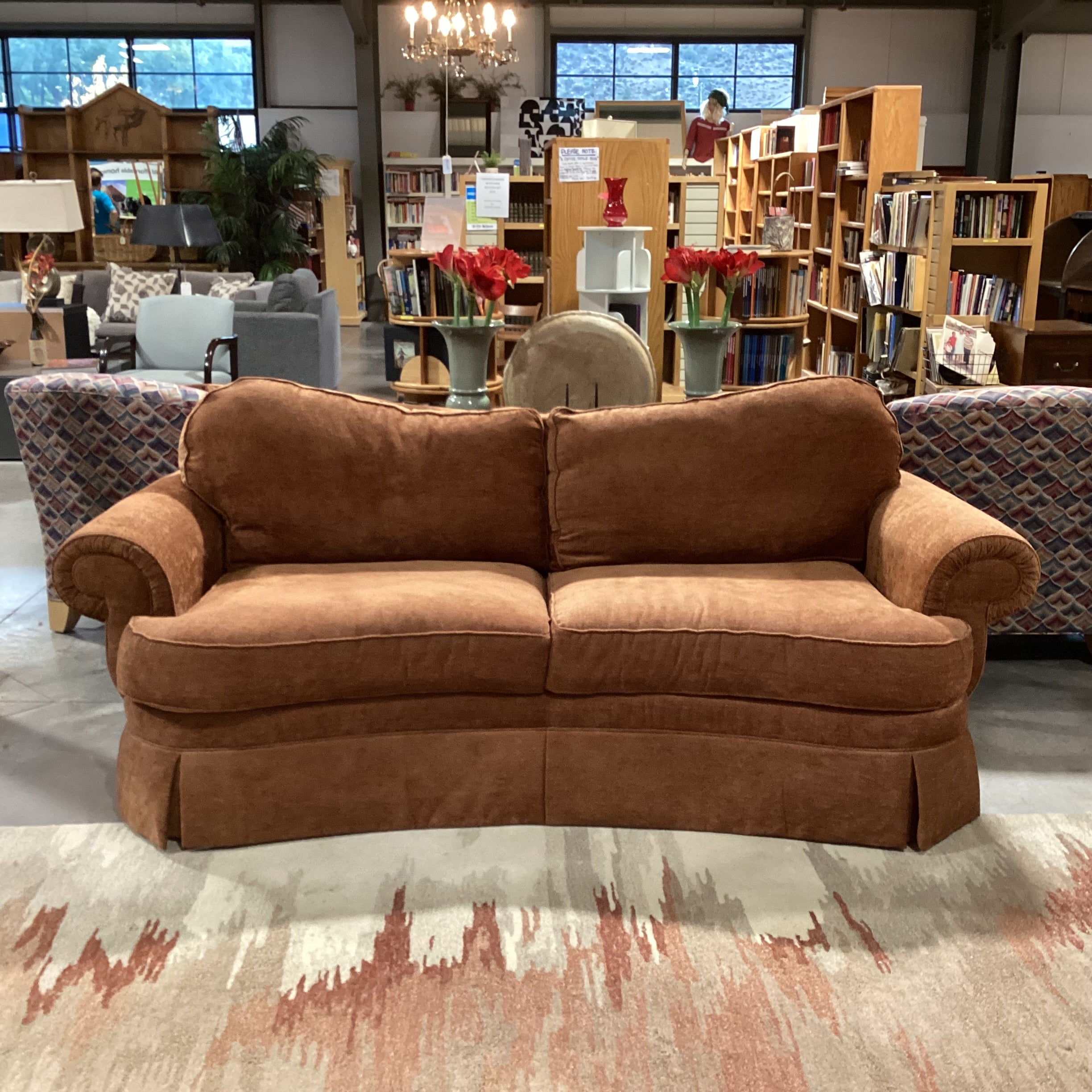 Ethan Allen Burnt Orange Chenille Woven with Roll Arm Curved Sofa 90"x 45"x 35"