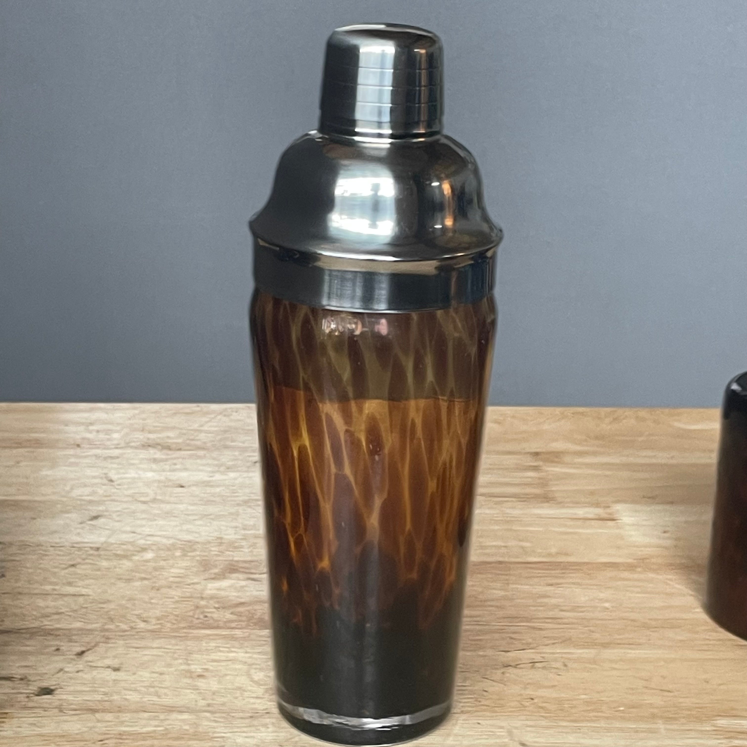 Set of 5 Pieces Blown Glass Tortoise Shell Glasses and Cocktail Shaker Barware