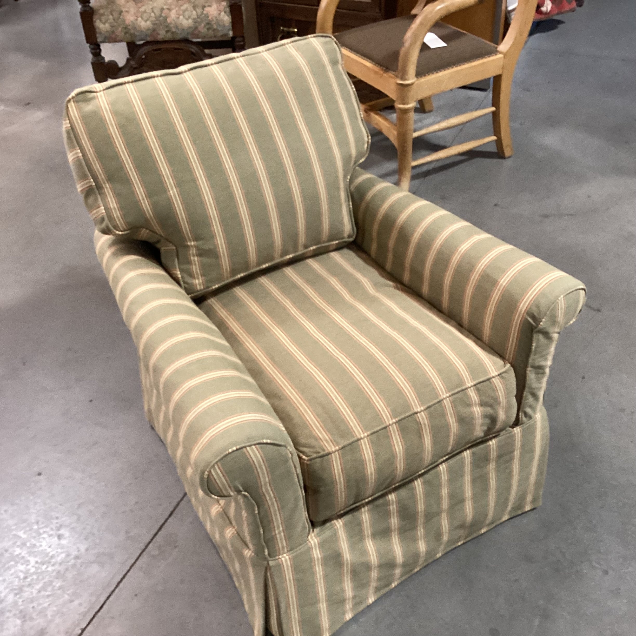 Crate & Barrel Lee Industries Sage with Gold Red Stripe Slipcovered Chair 33"x 36"x 32"