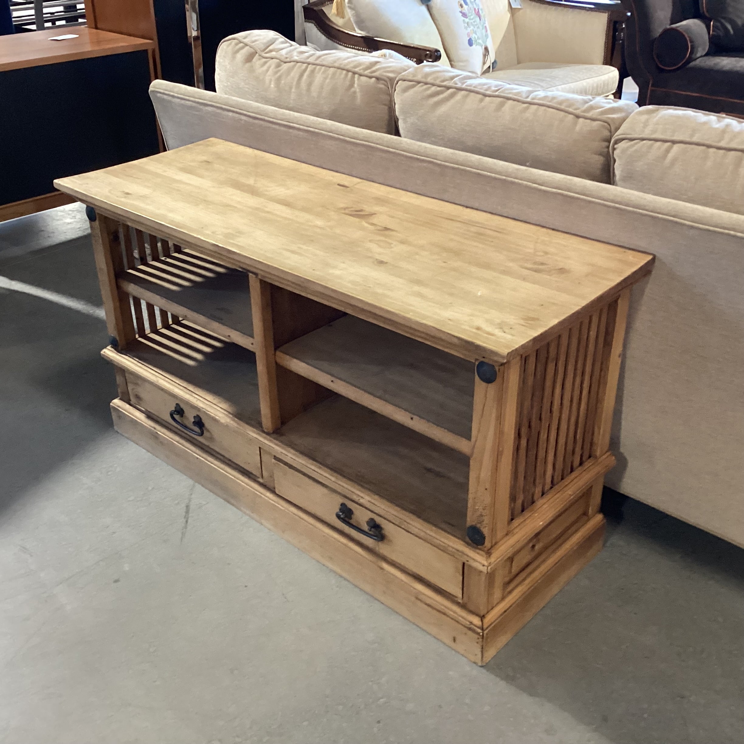 Rustic Natural Pine 2 Drawer with Shelves Console 48"x 18"x 26.5"