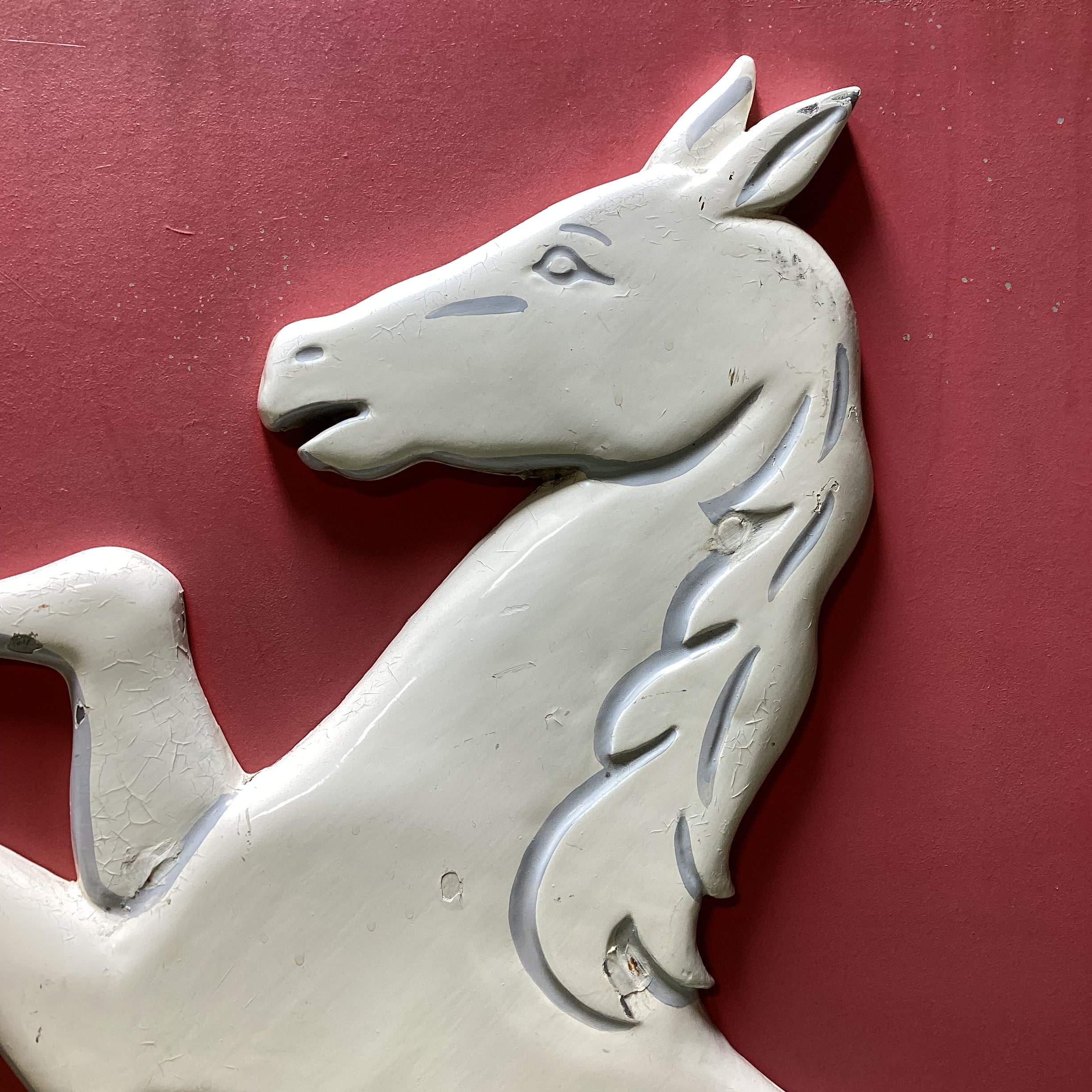 Vintage "White Horse" Wooden Sign With Enamel Horse 27" x 41"