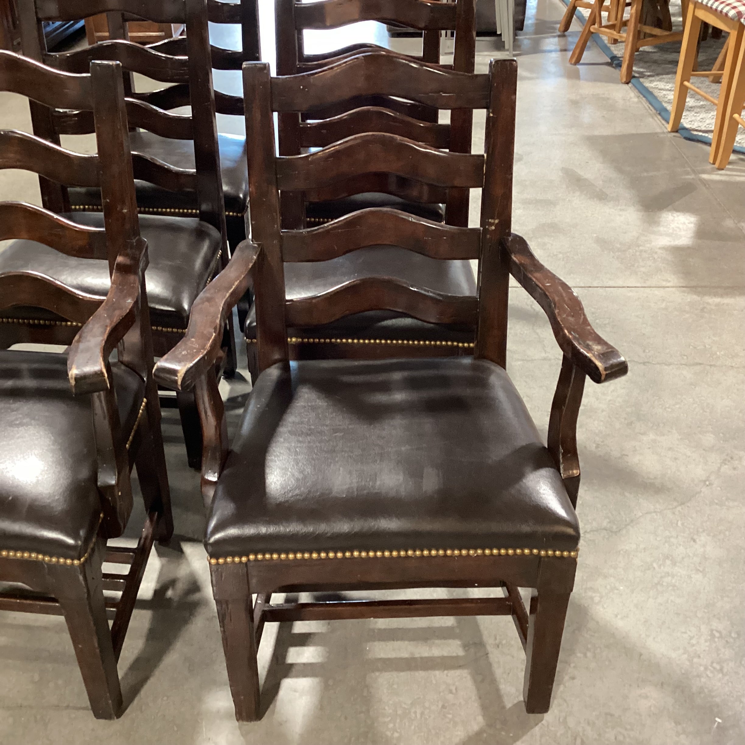 SET of 6 Dark Finish Carved Ladder Back & Leather Nailhead Dining Chairs 26"x 20"x 39"