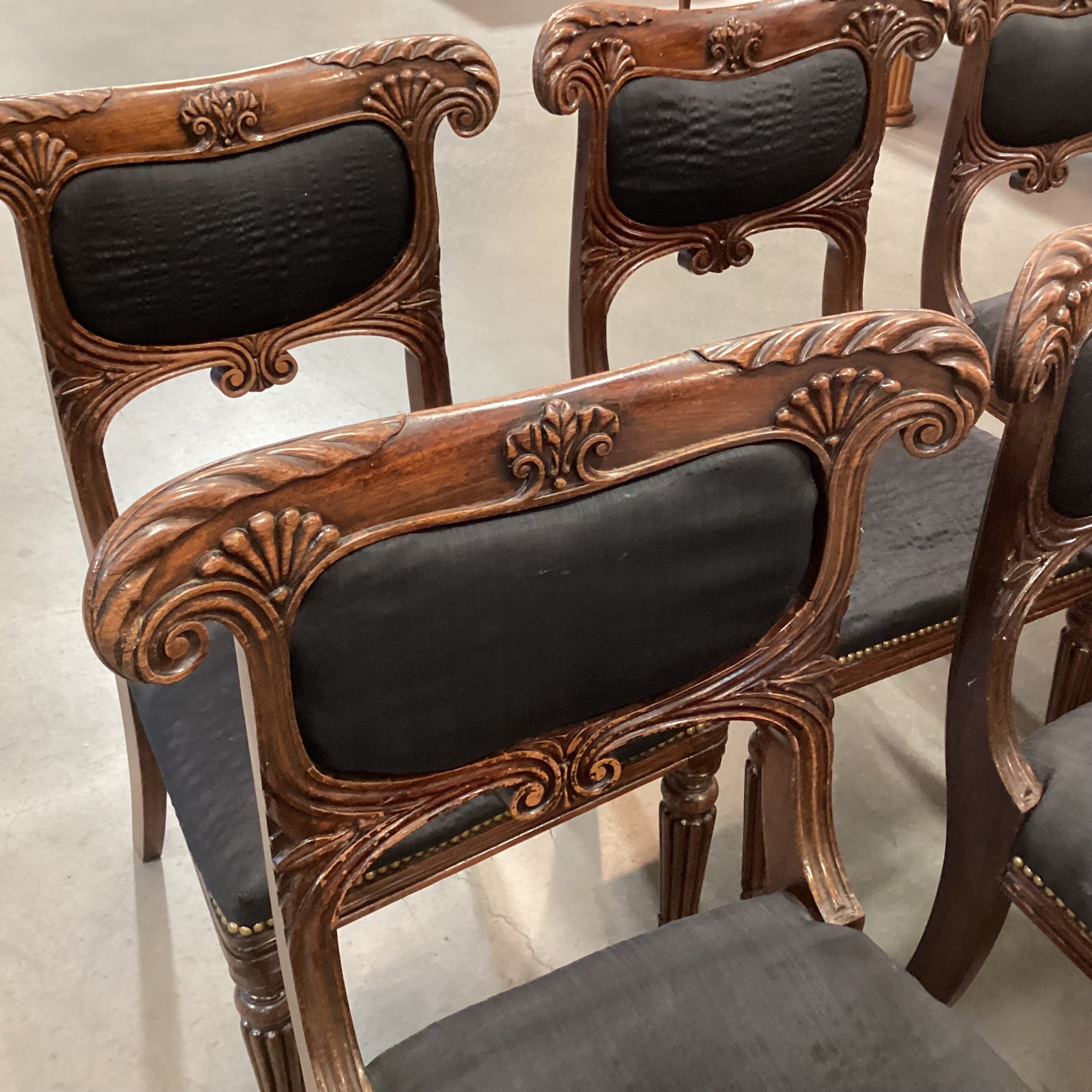 SET of 6 Antique Carved Wood & Black Upholstered Nailhead Dining Chairs 20"x 20"x 33.5"