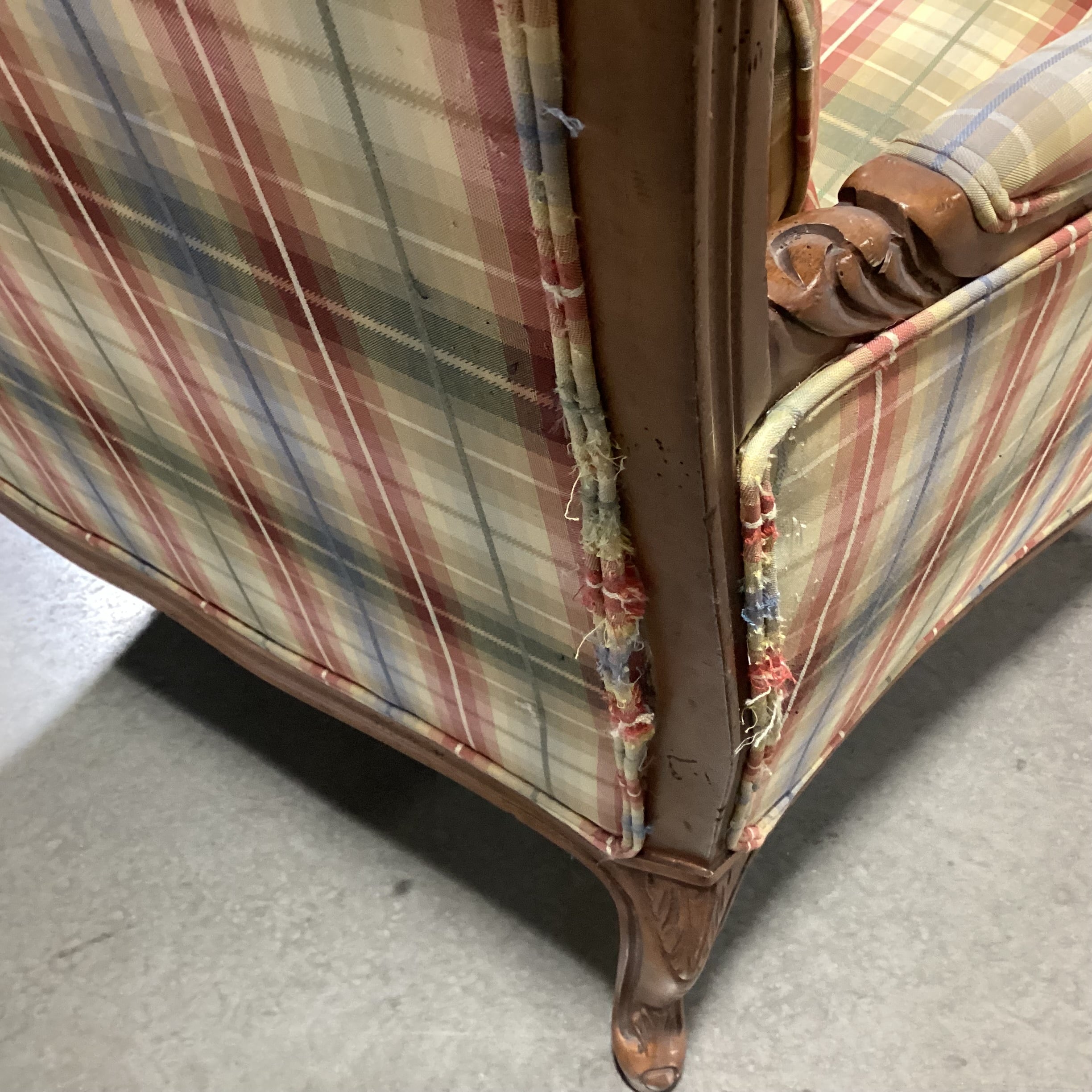 French Provincial Style Carved Wood & Plaid Down with Ottoman Chair 37"x 34"x 38"