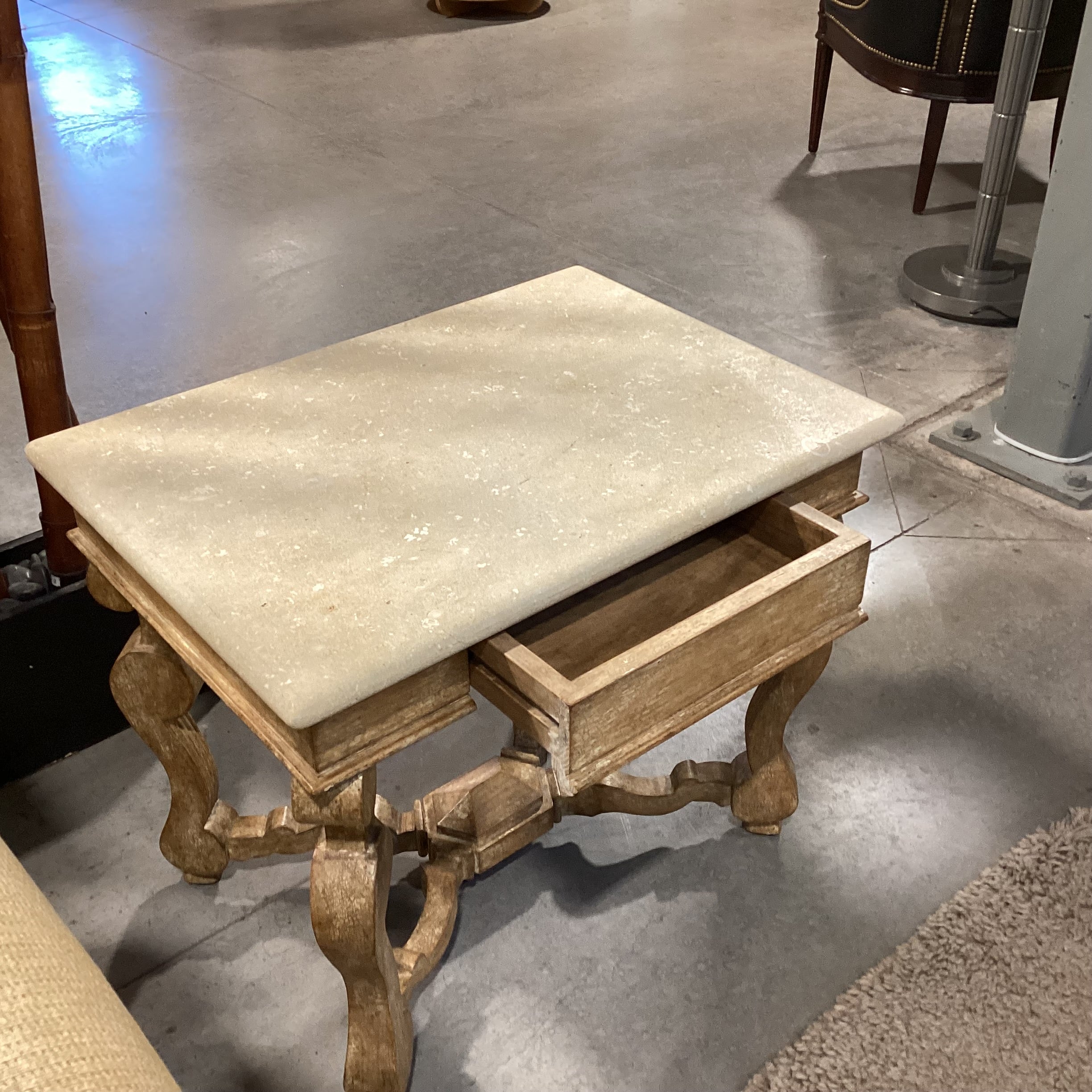 Blonde Antiqued Distressed Finish Carved Wood & Stone End Table 28"x 20"x 24"