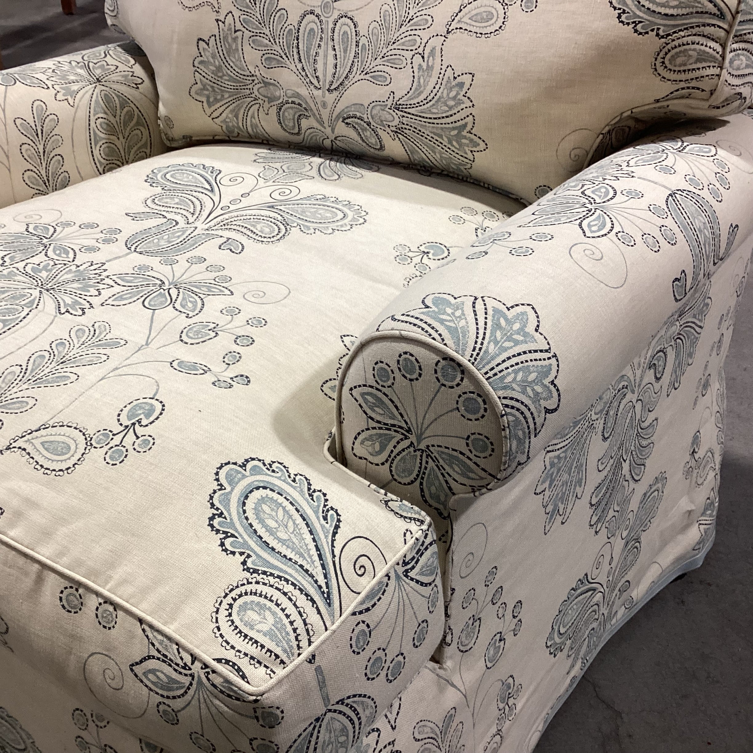 Custom Cream Blue Floral Linen Down Chair 33"x 33"x 28"