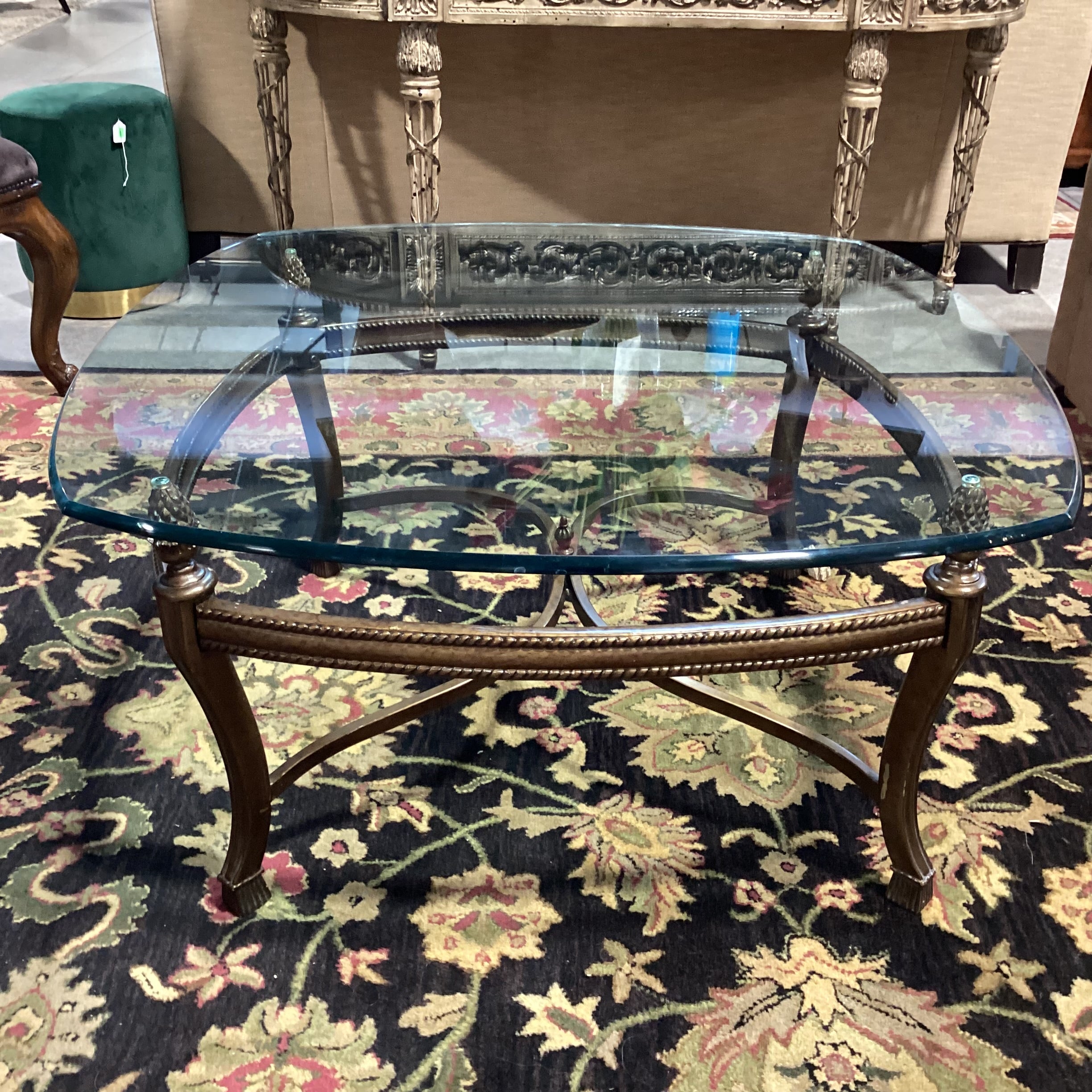 Ornate Finished Metal & Glass Coffee Table 40"x 40"x 20"