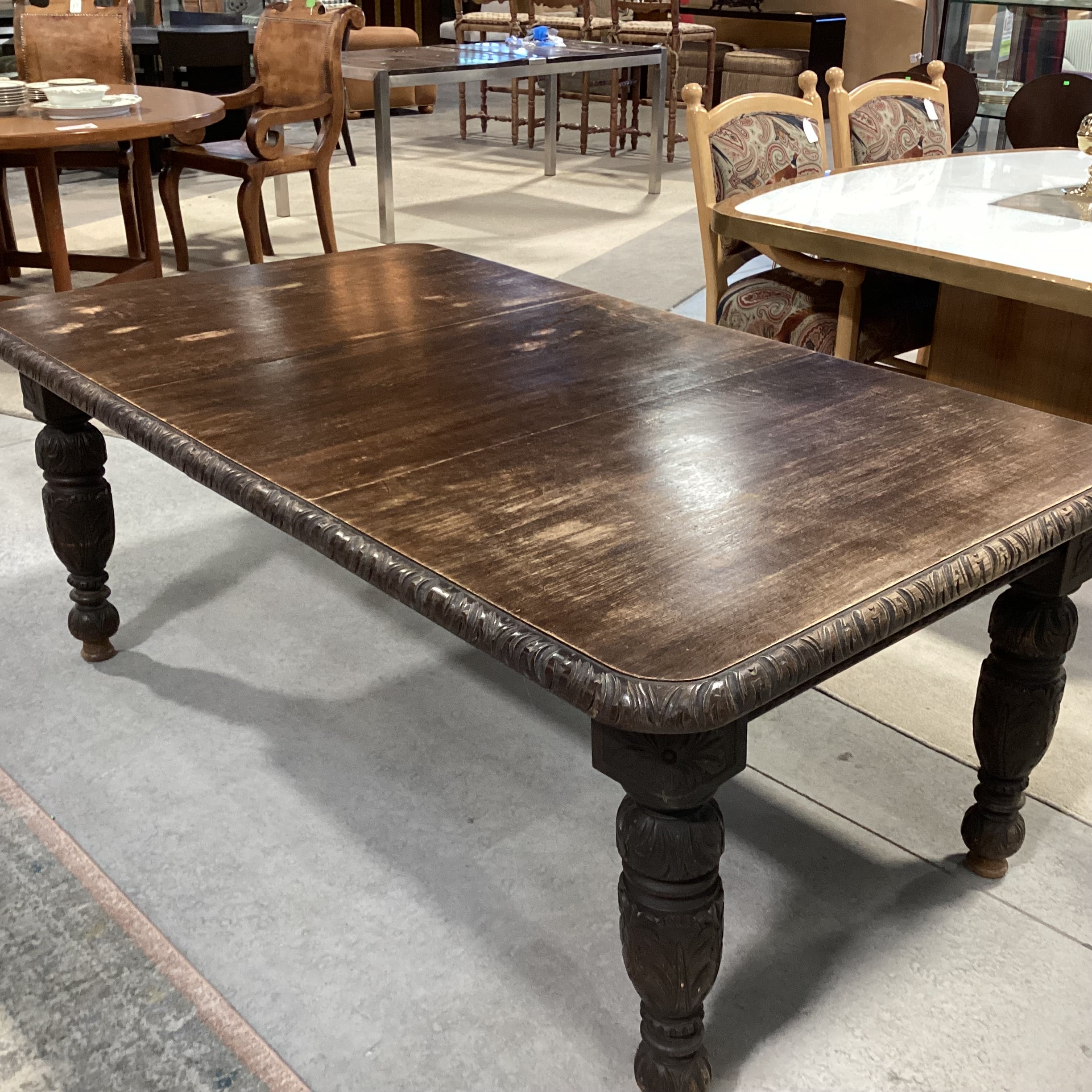 Antique Dark Finish Carved Oak with 1 Leaf Dining Table 70"x 42"x 28"