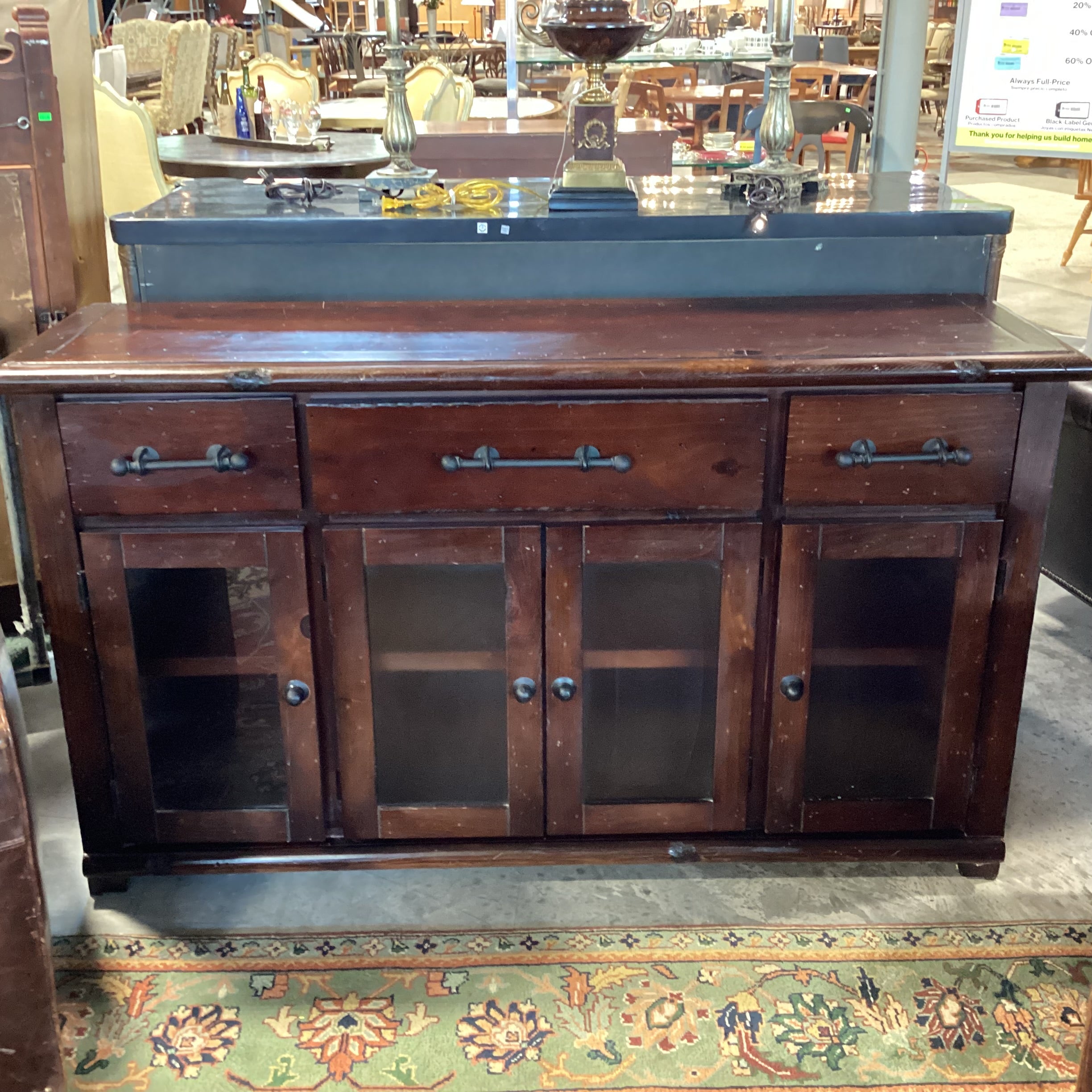 Dark Distressed Wood 4 Door 3 Drawer Rustic Console Credenza 61"x 17.5"x 35"
