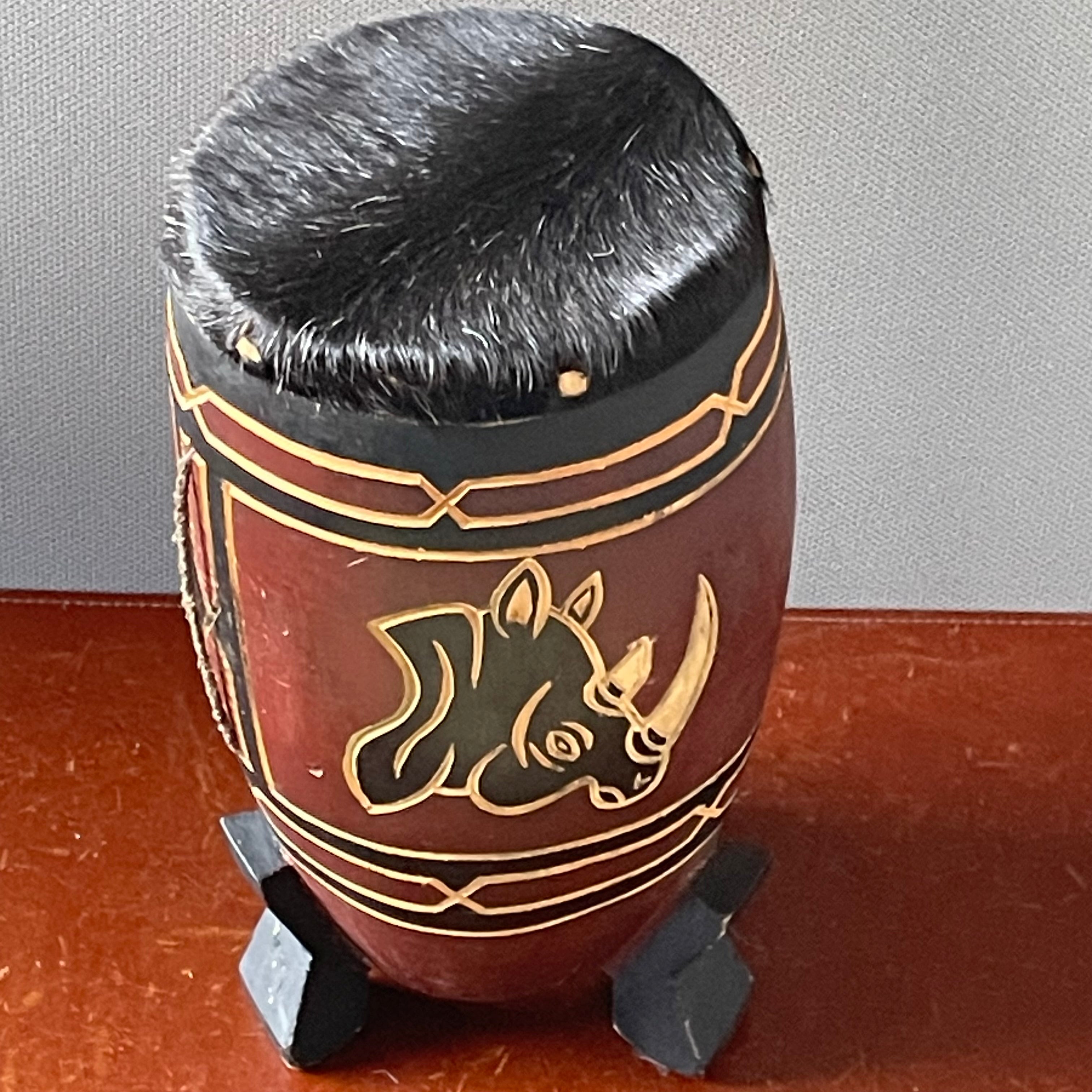 Set of 2 Handcrafted African Hide Covered Elephant and Rhino Drums