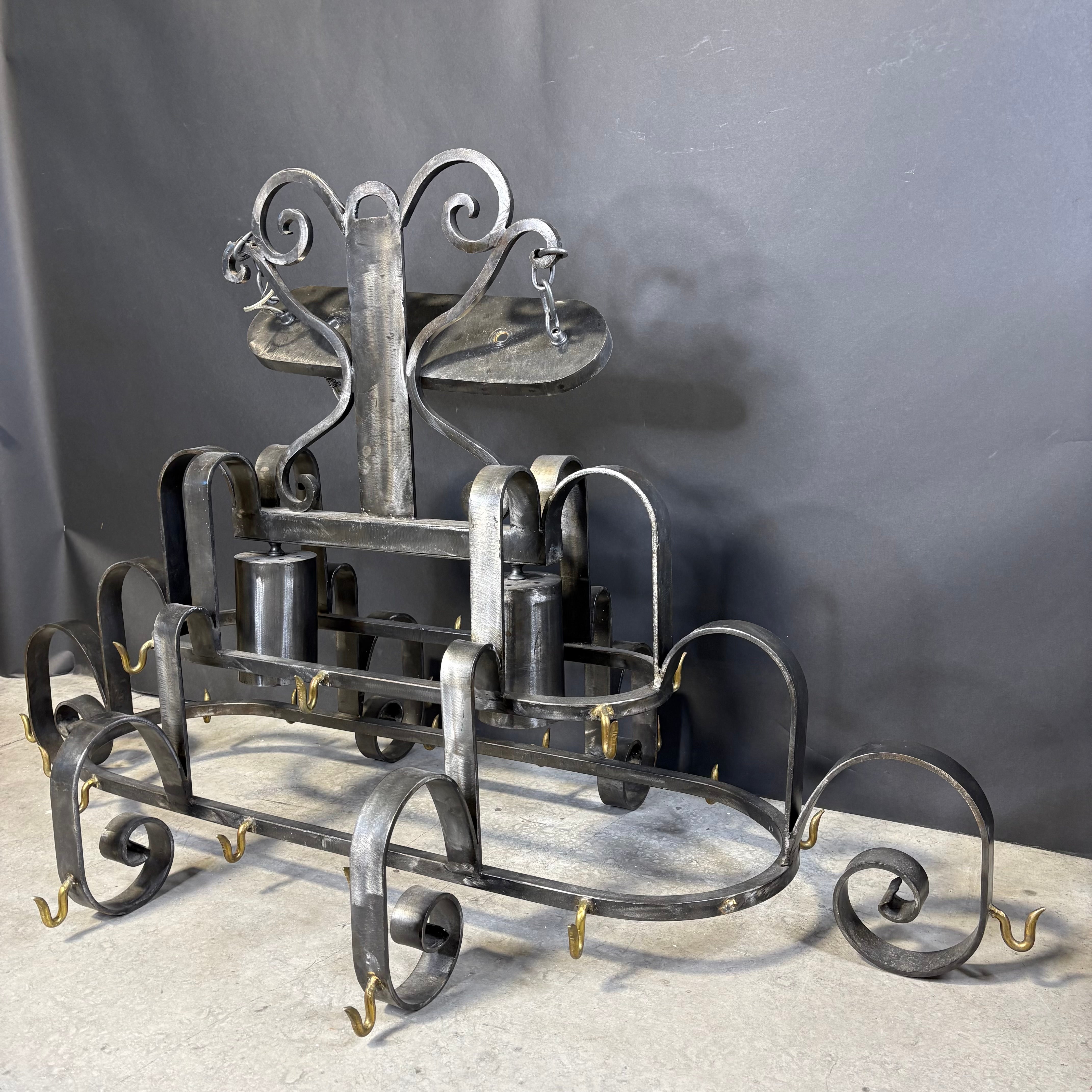 Hand Forged 2-Light Gun Metal Iron Pot Rack Chandelier 57”x 36”x 32”