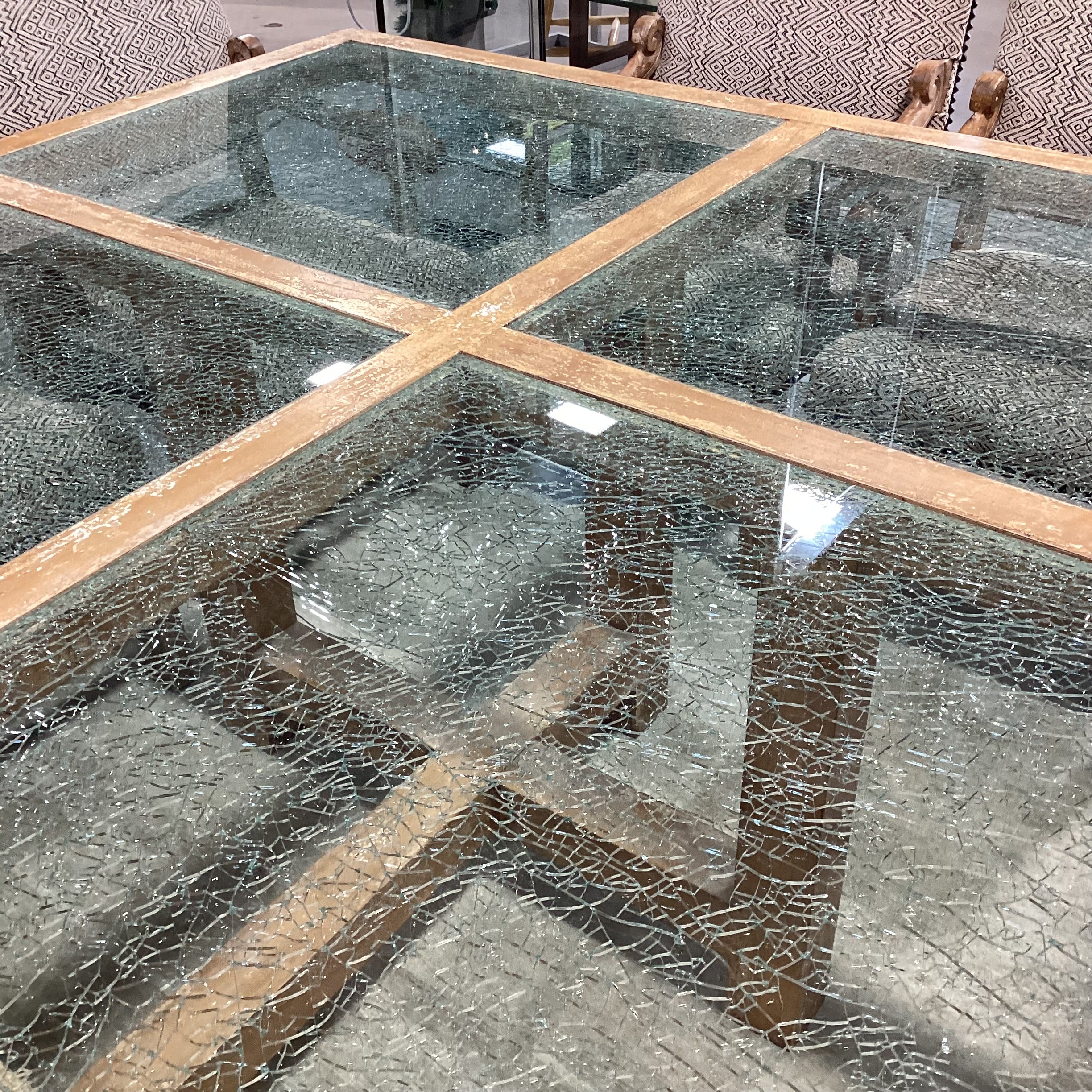 Custom Carved Textured Distressed Finish with Inset Crackle Glass Table with 10 Chairs Dining Set 96"x 72"x 30"