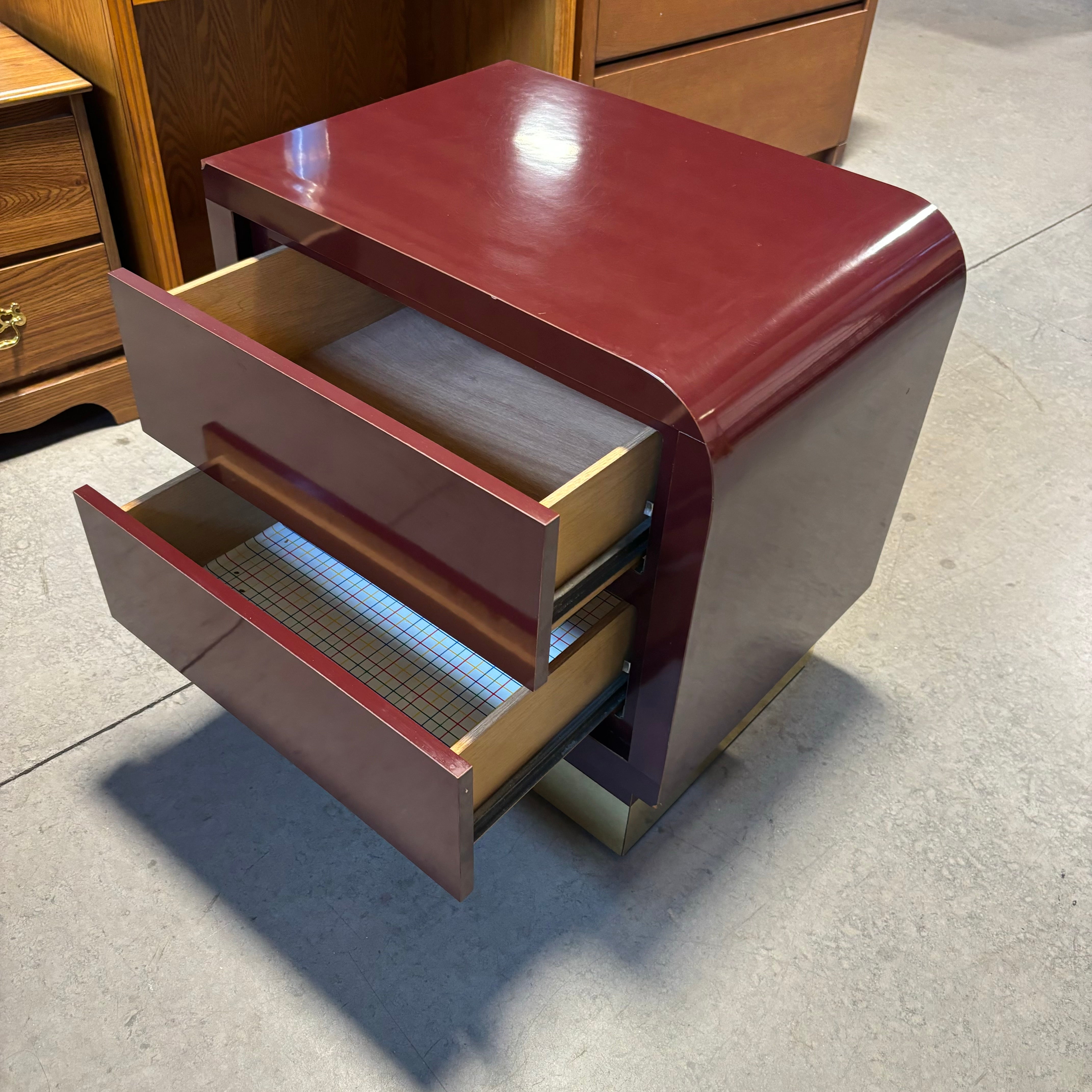 Maroon Lacquer Finish & Brass Finish Base 2 Drawer Nightstand 24"x 18"x 24"