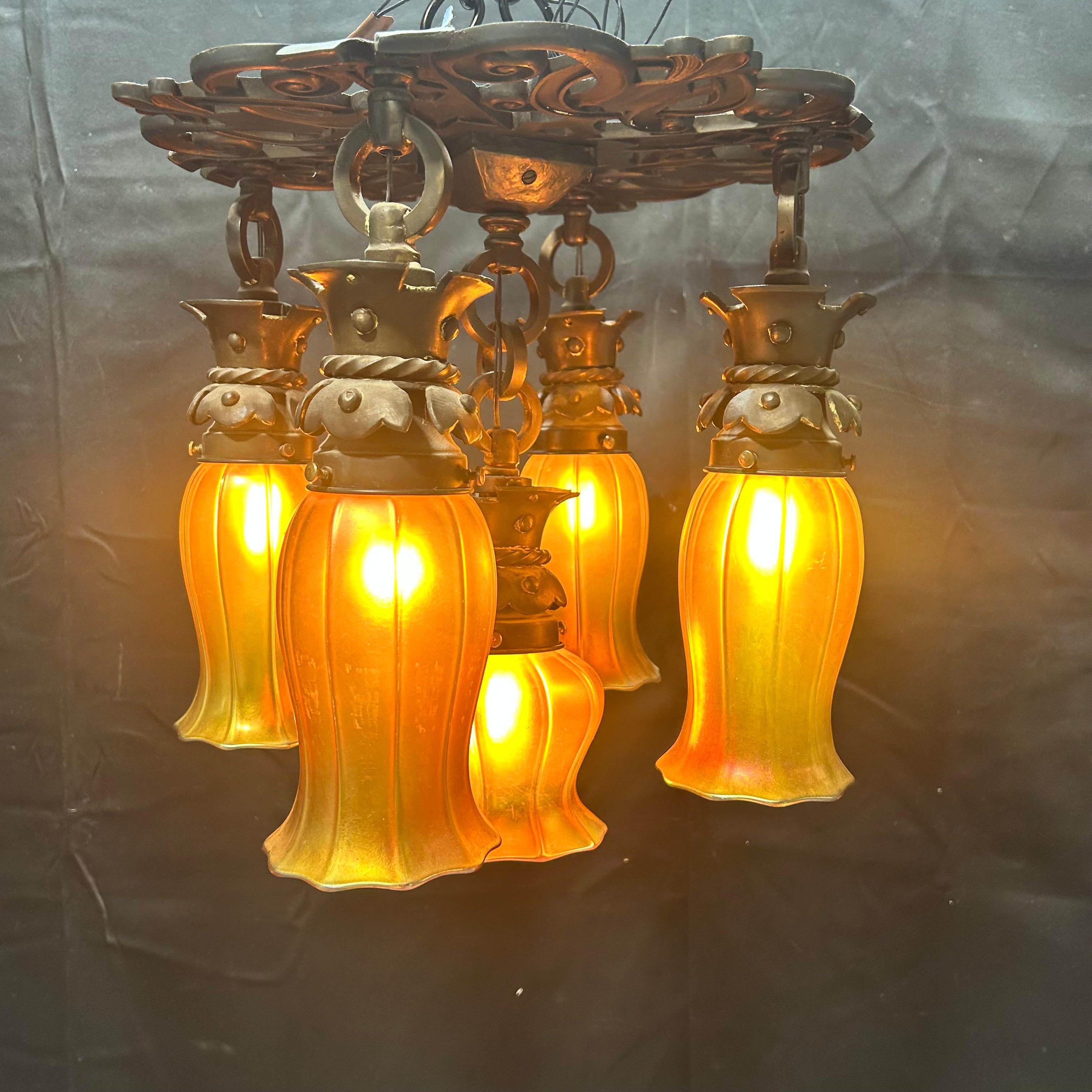 Caldwell Lighting Circa 1905 Cast Iron With 4 Steuben & 1 Quezal Iridescent Glass Shades Flush Mount 15"x 12.5"ades