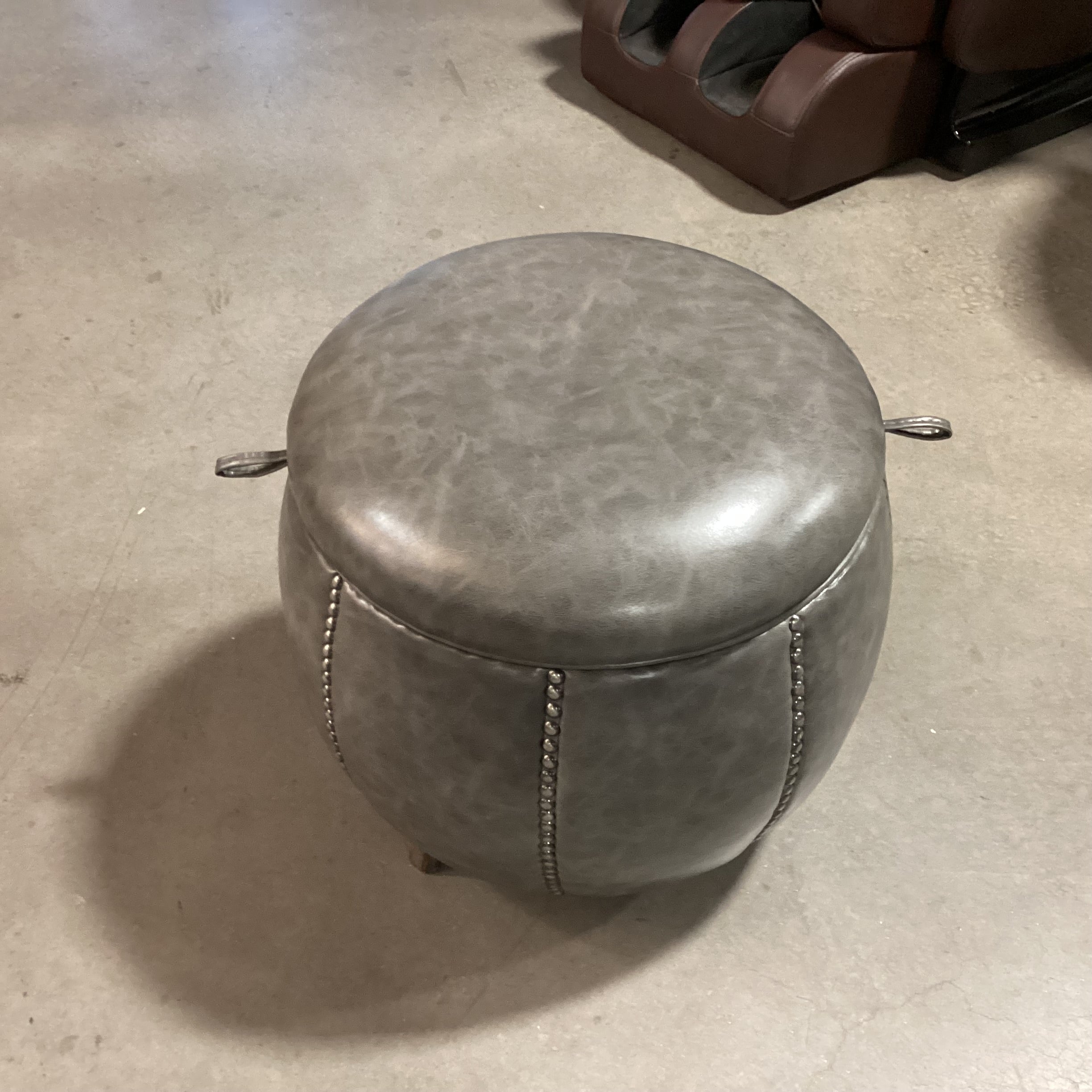 Uttermost Linford Round Clouded Zinc Leather Nailhead with Storage Ottoman 20" Diameter x 18"