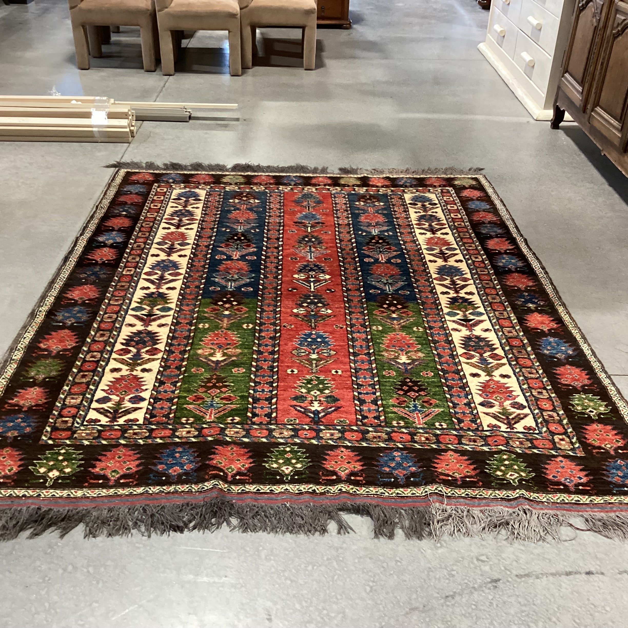 Vintage Red Blue Green Brown Kazak Hand Woven Wool Rug 6'5"x 8'5"