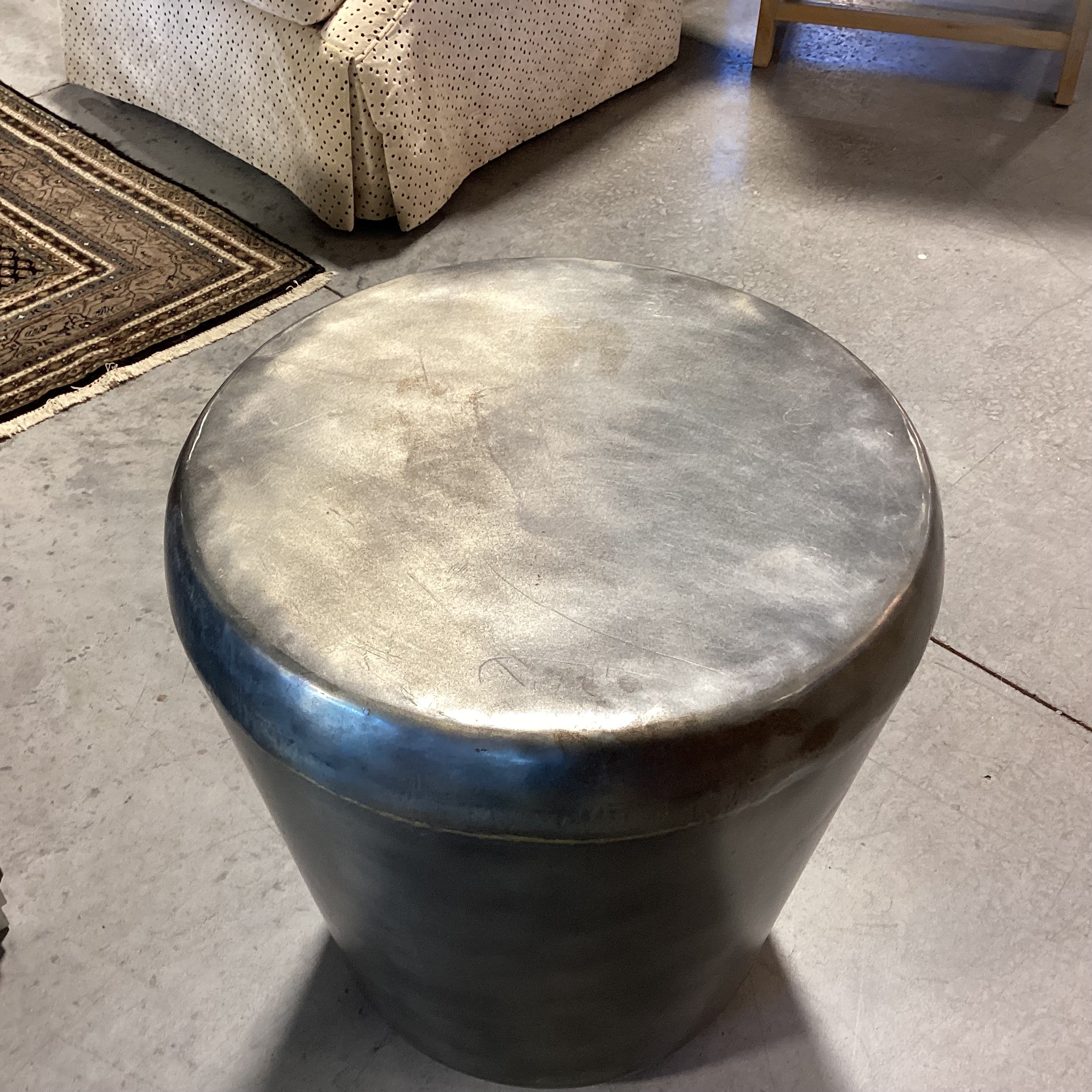 Pewter Finish with Gold Weld Like Detail Steel Drum Accent Table 21" Diameter x 22"