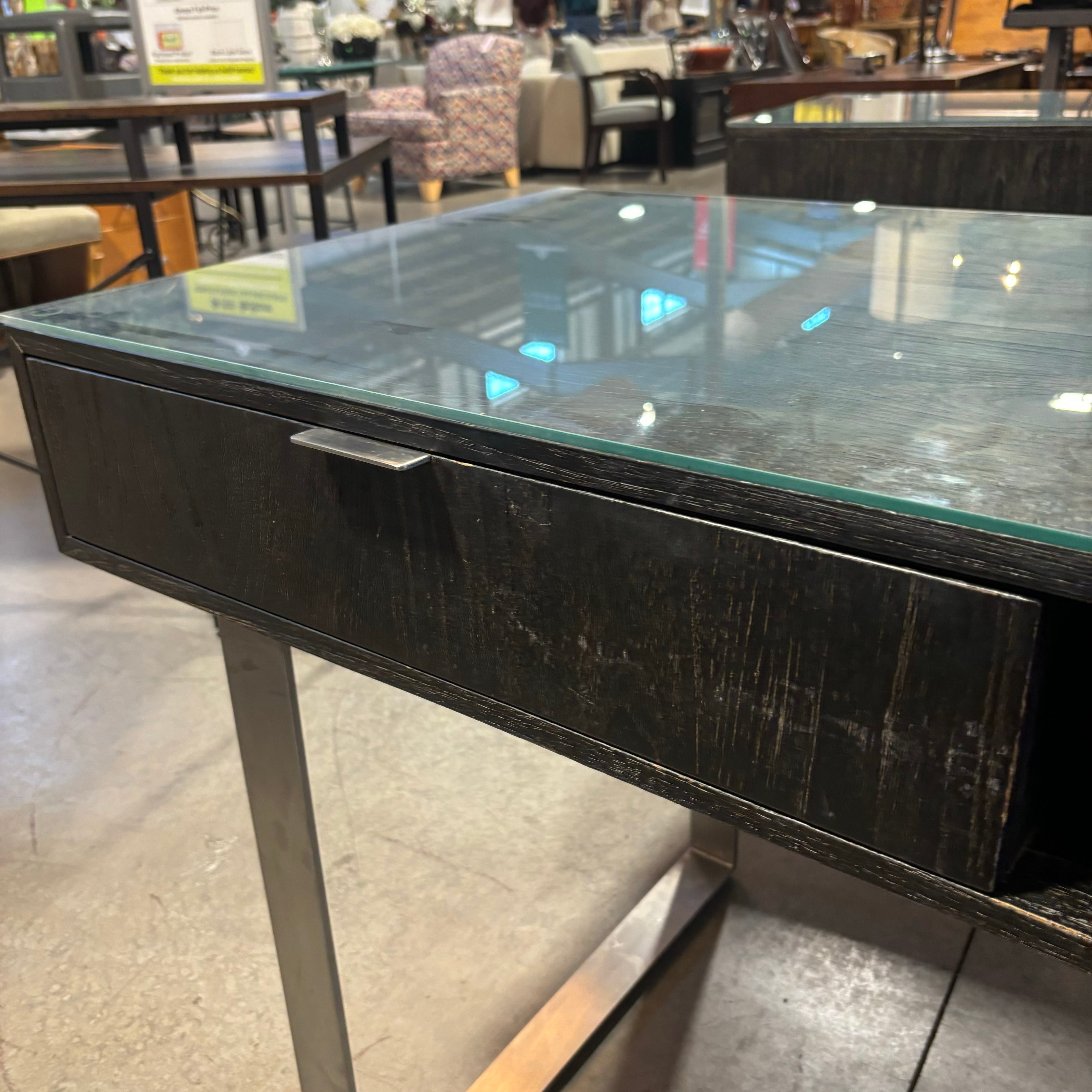 Brownstone Distressed Dark Wood with Steel Base & Glass Top 4 Drawer Desk 65"x 24"x 31"