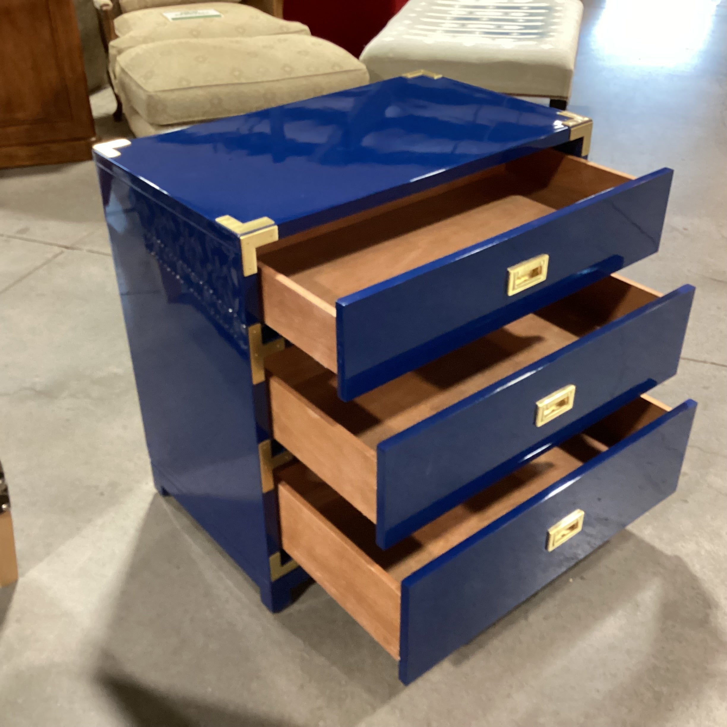 Navy Lacquer & Brass Campaign 3 Drawer Chest 30"x 18.5"x 30.5"