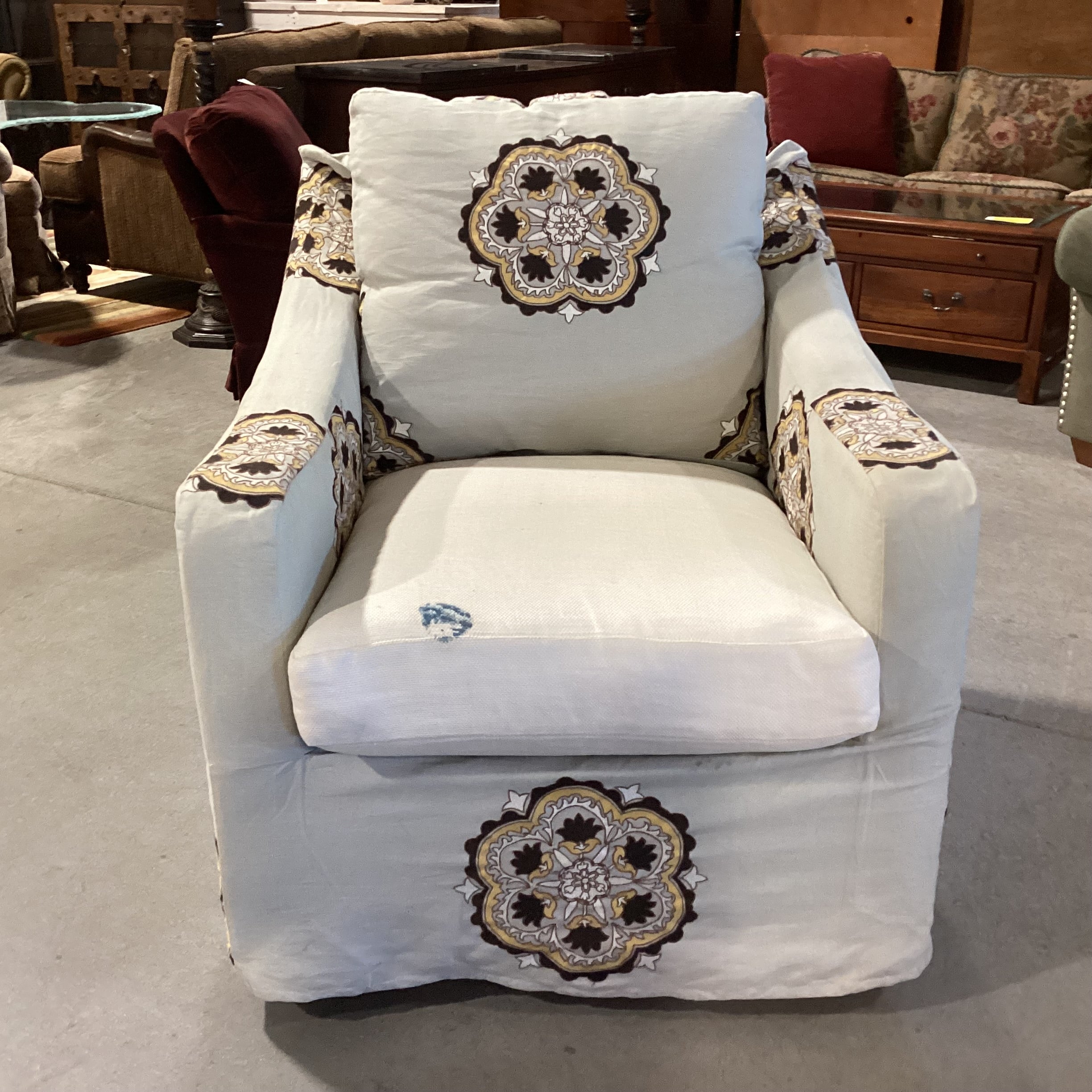 Grey with Brown Gold Medallion Slipcover Down MIx Swivel Chair 32"x 39"x 33"