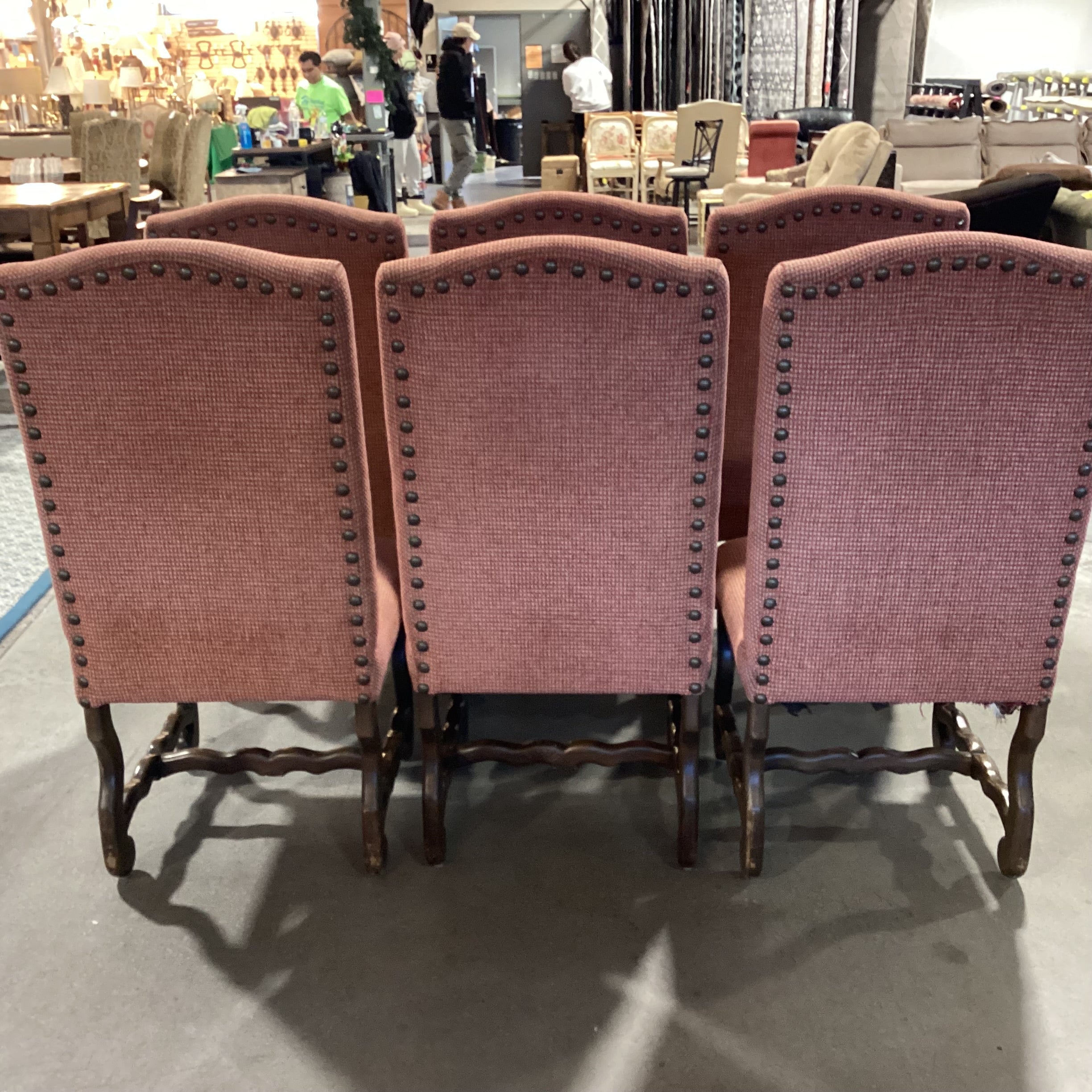 Set Of 6  Red Tan Woven Nailhead & Carved Wood Dining Chairs 21"x 26"x 46"