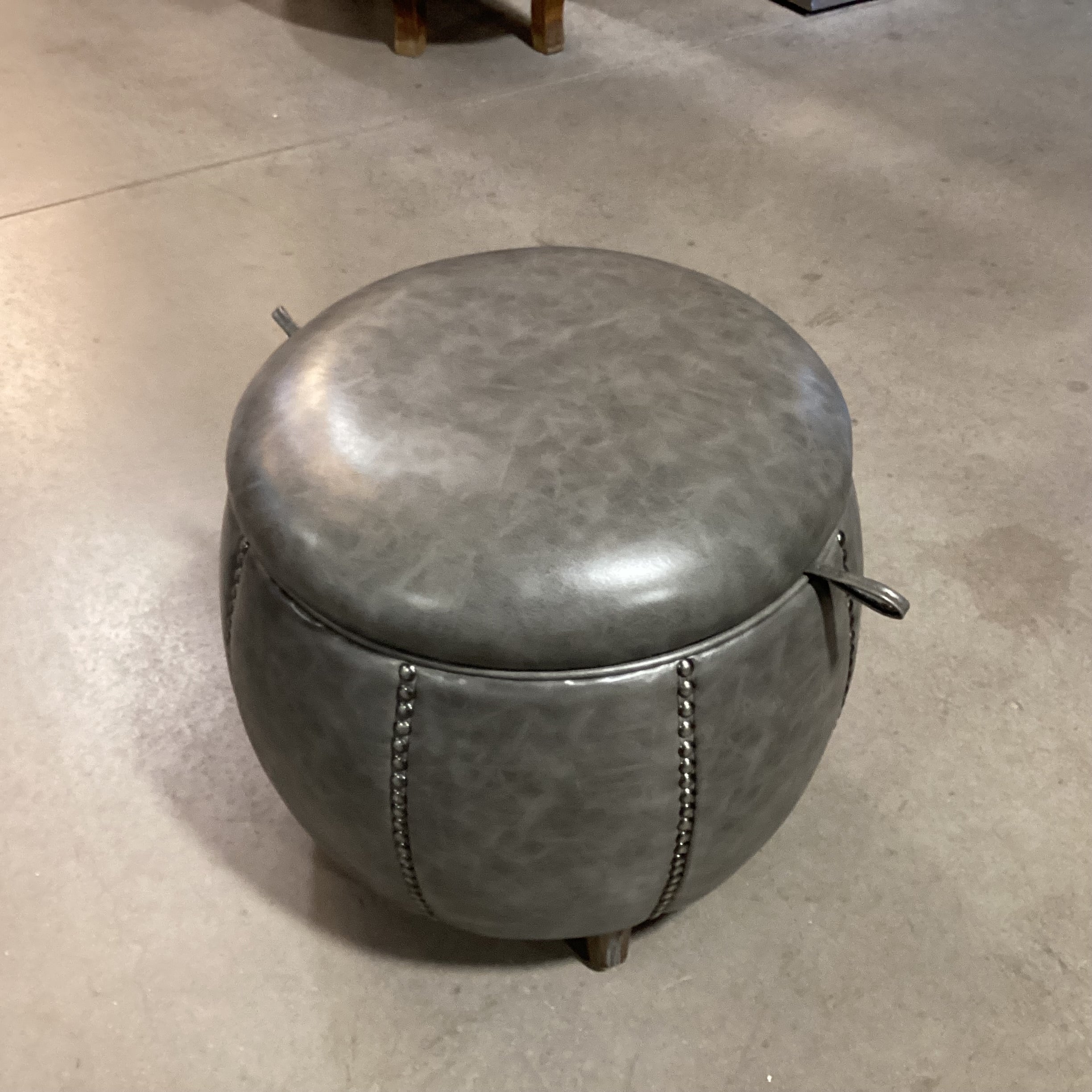 Uttermost Linford Round Clouded Zinc Leather Nailhead with Storage Ottoman 20" Diameter x 18"