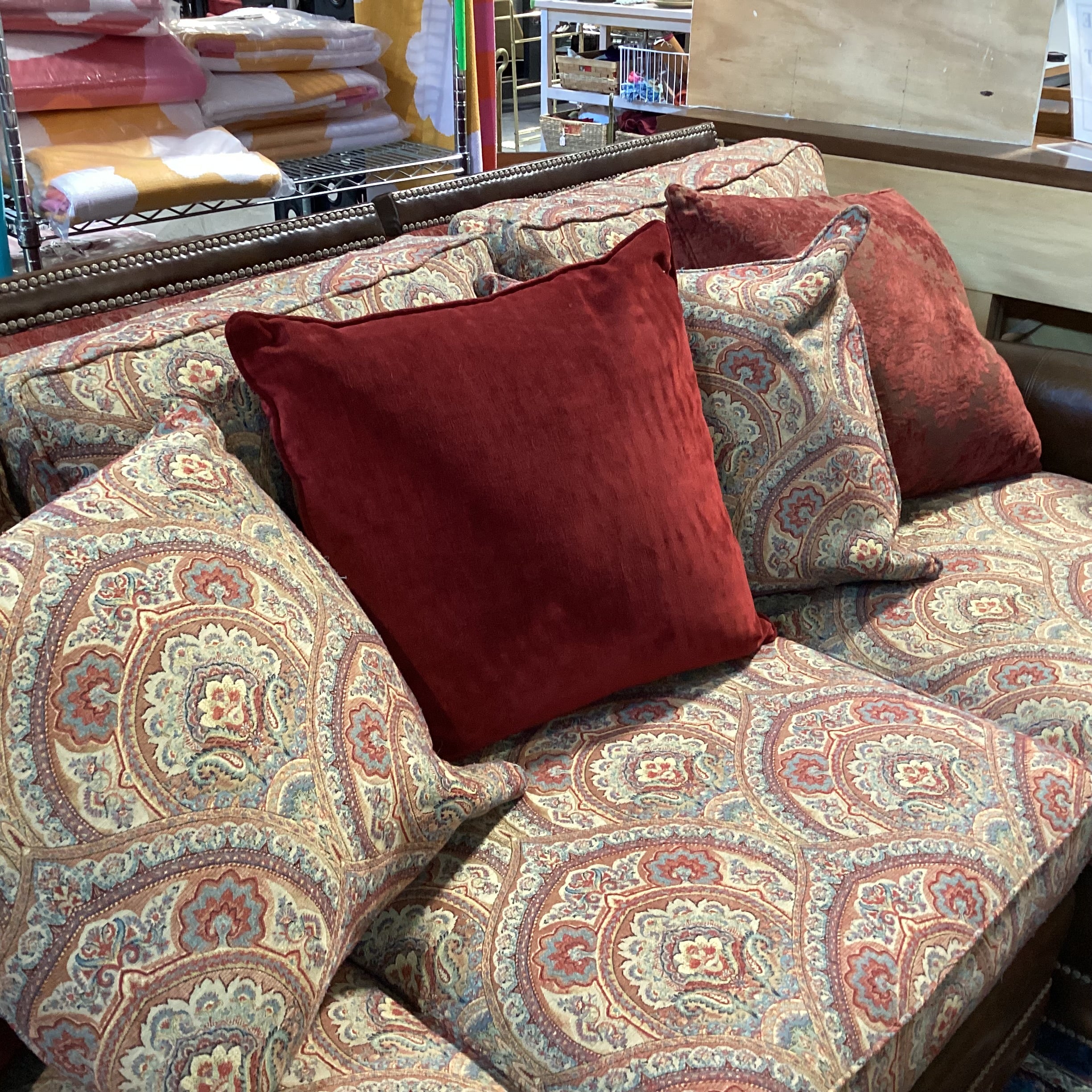 Massoud Luxery Western Leather Nailhead Ornate Floral & Reverse Velvet 2 Piece with Chaise Sectional 130"x 72"x 45"x 38"
