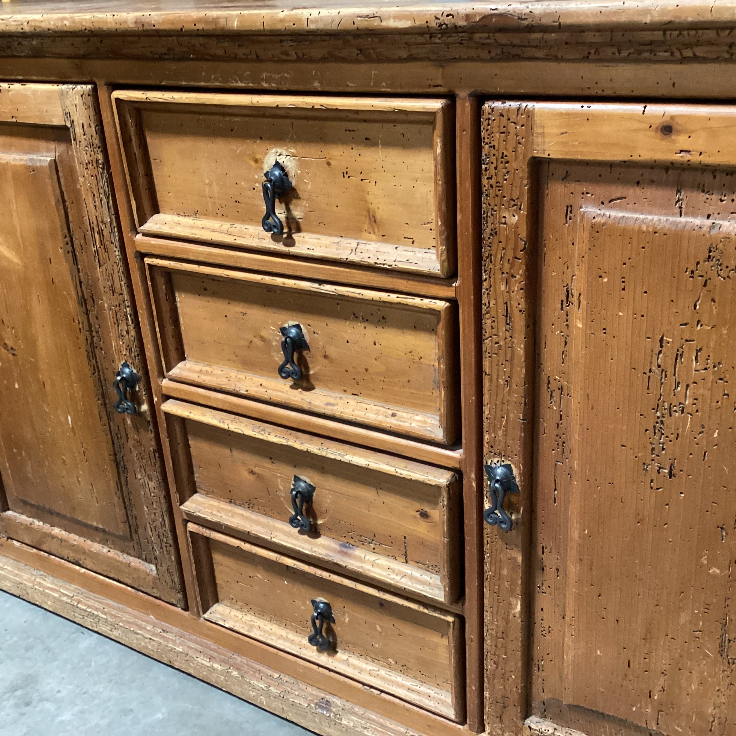 Rustic Worm Wood Distressing Solid Wood 4 Drawer 2 Door with Shelves Sideboard 55.5"x 19"x 33.5"