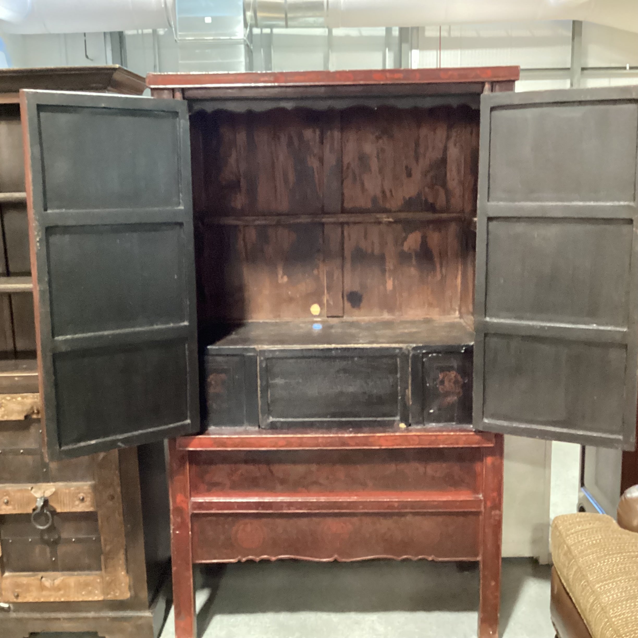 Antique Asian Red Lacquered 2 Door Armoire 45"x 23"x 77"