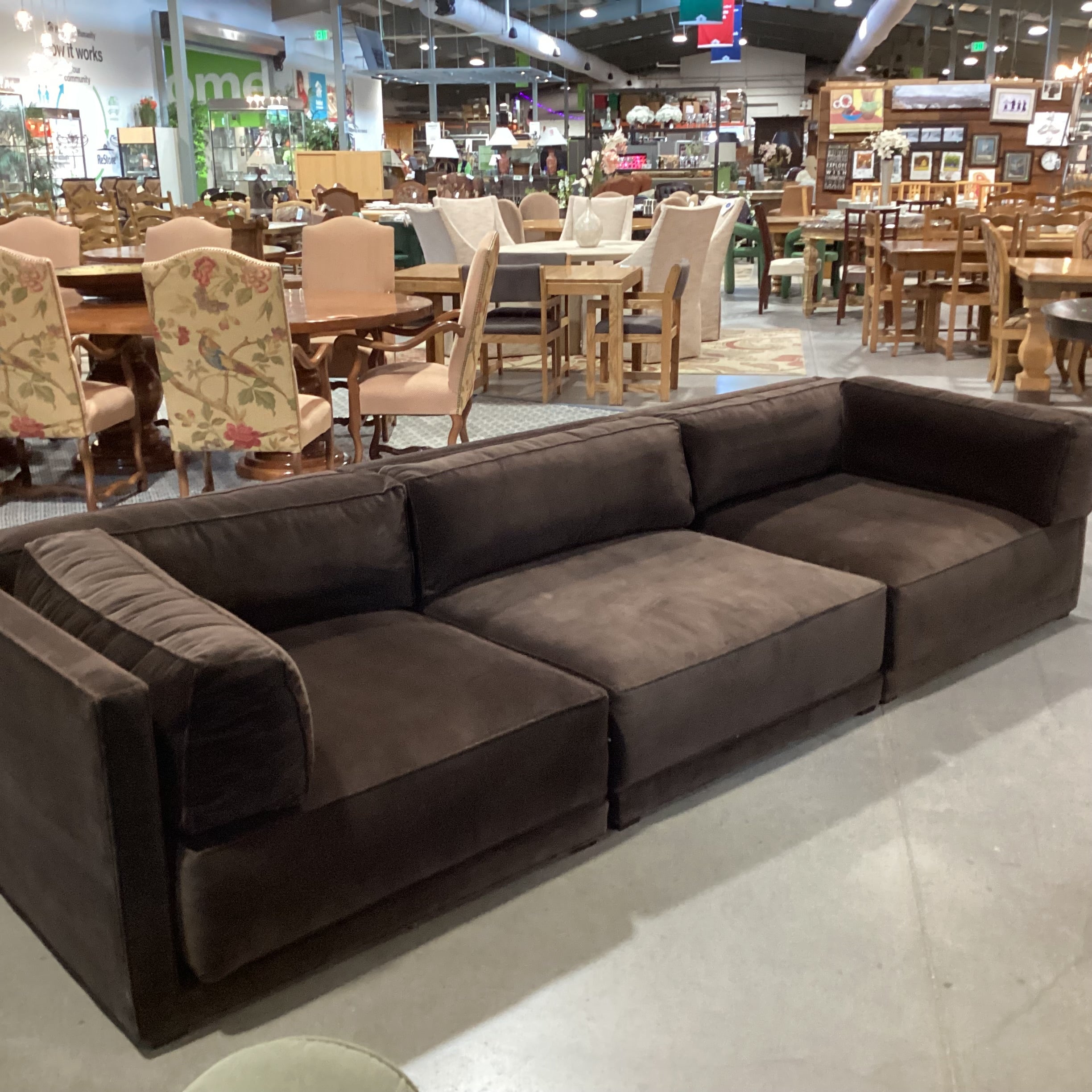 CB2 Oriole 3 Piece Dark Brown Performance Velvet Modular Sectional 126"x 43"x 2.5"