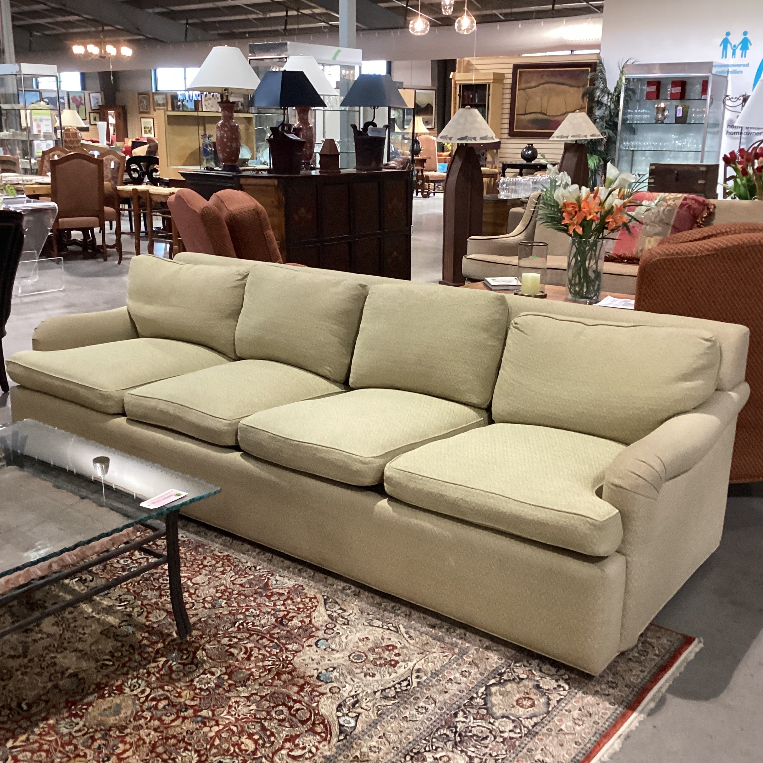 Vintage Avery Boardman Green & Gold Textured Pattern 4 Seat Sofa 108"x 40"x 32"