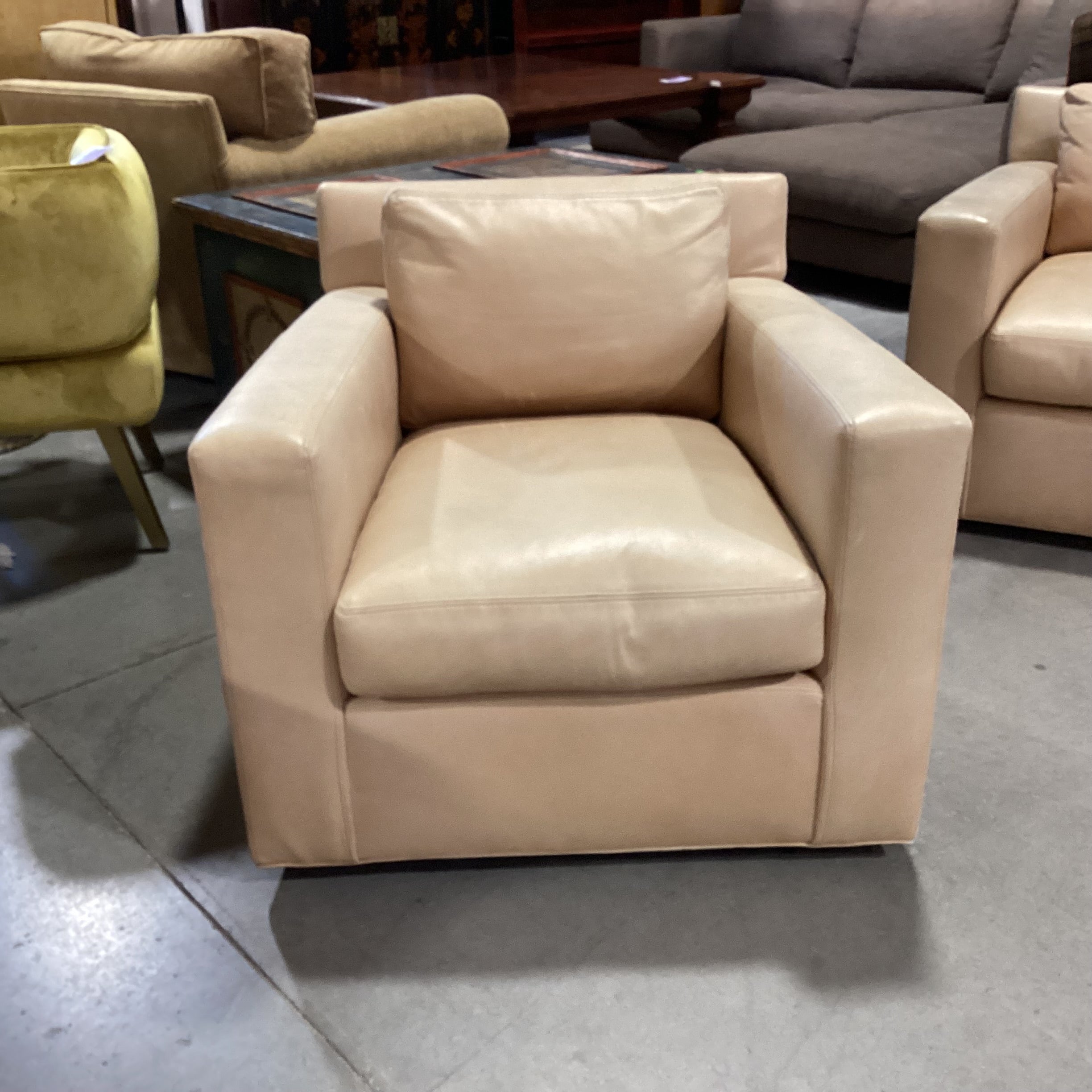 Lee Industries Beige Tan Leather Down Mix Swivel Chair 34"x 35"x 30"