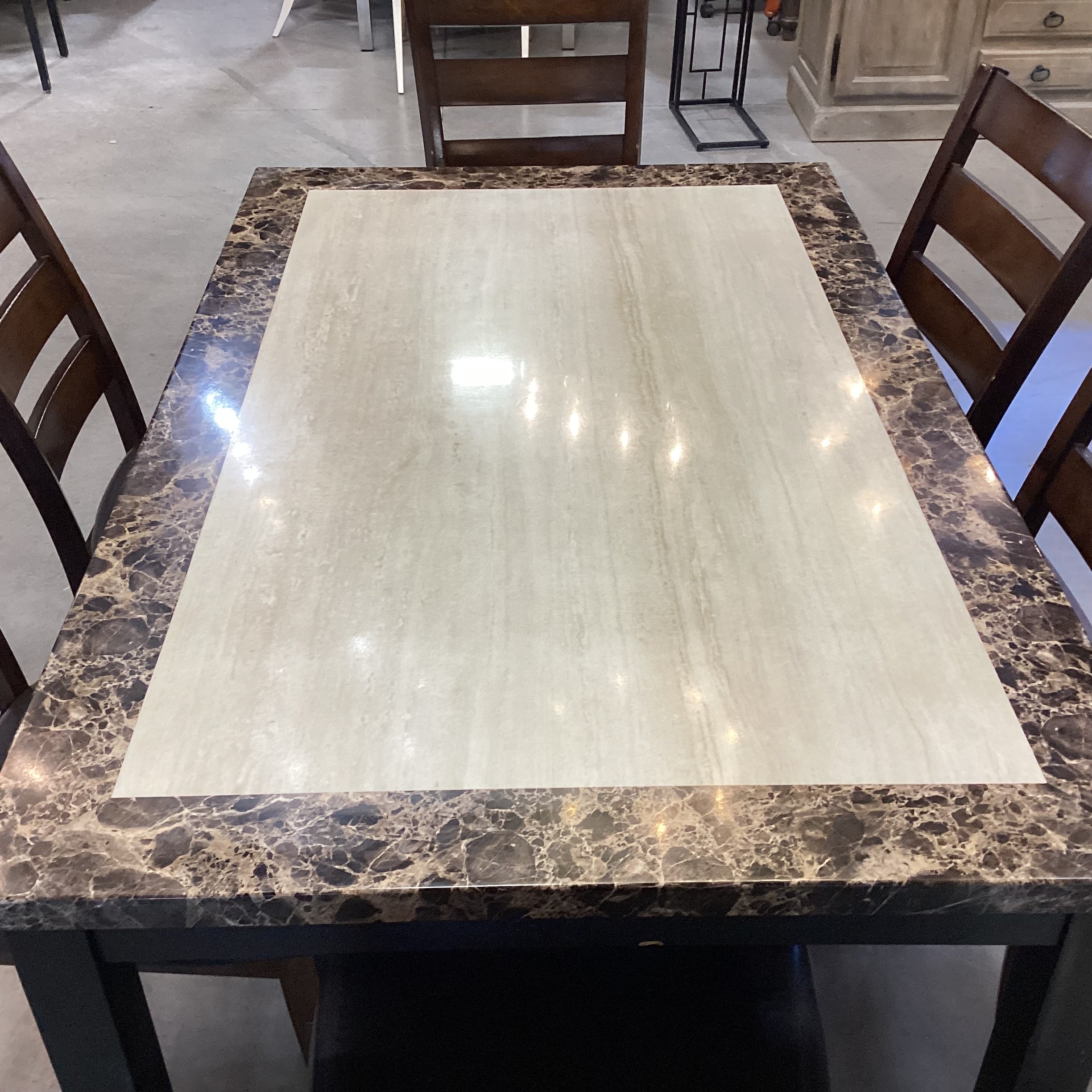 Dark Finish Wood & Faux Marble Table with 6 Faux Leather & Wood Chairs Dining Set 60"x 38"x 30.5"