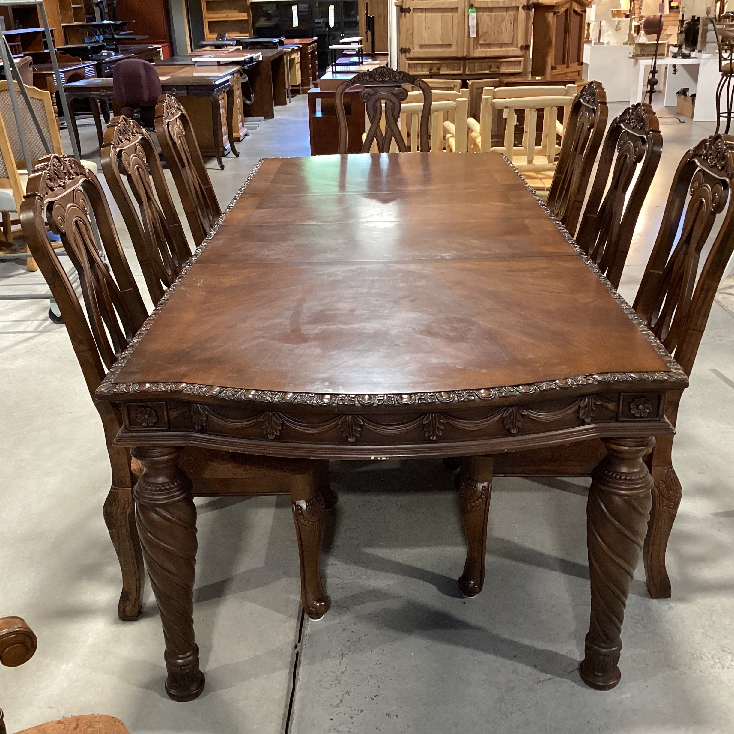 Ashley Furniture North Shore Ornate Carved Wood 2 Leaf Table with 8 Chairs Dining Set 108"x 44"X 31"
